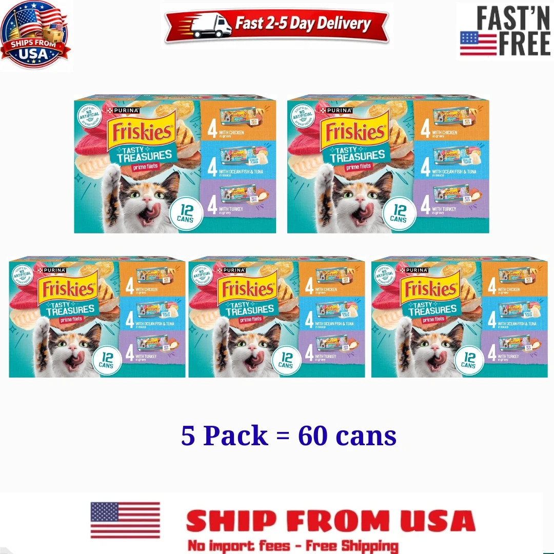 5 Pack Friskies Gravy Tasty Treasures Prime Filets, Wet Cat Food, 5.5 oz 12 Cans