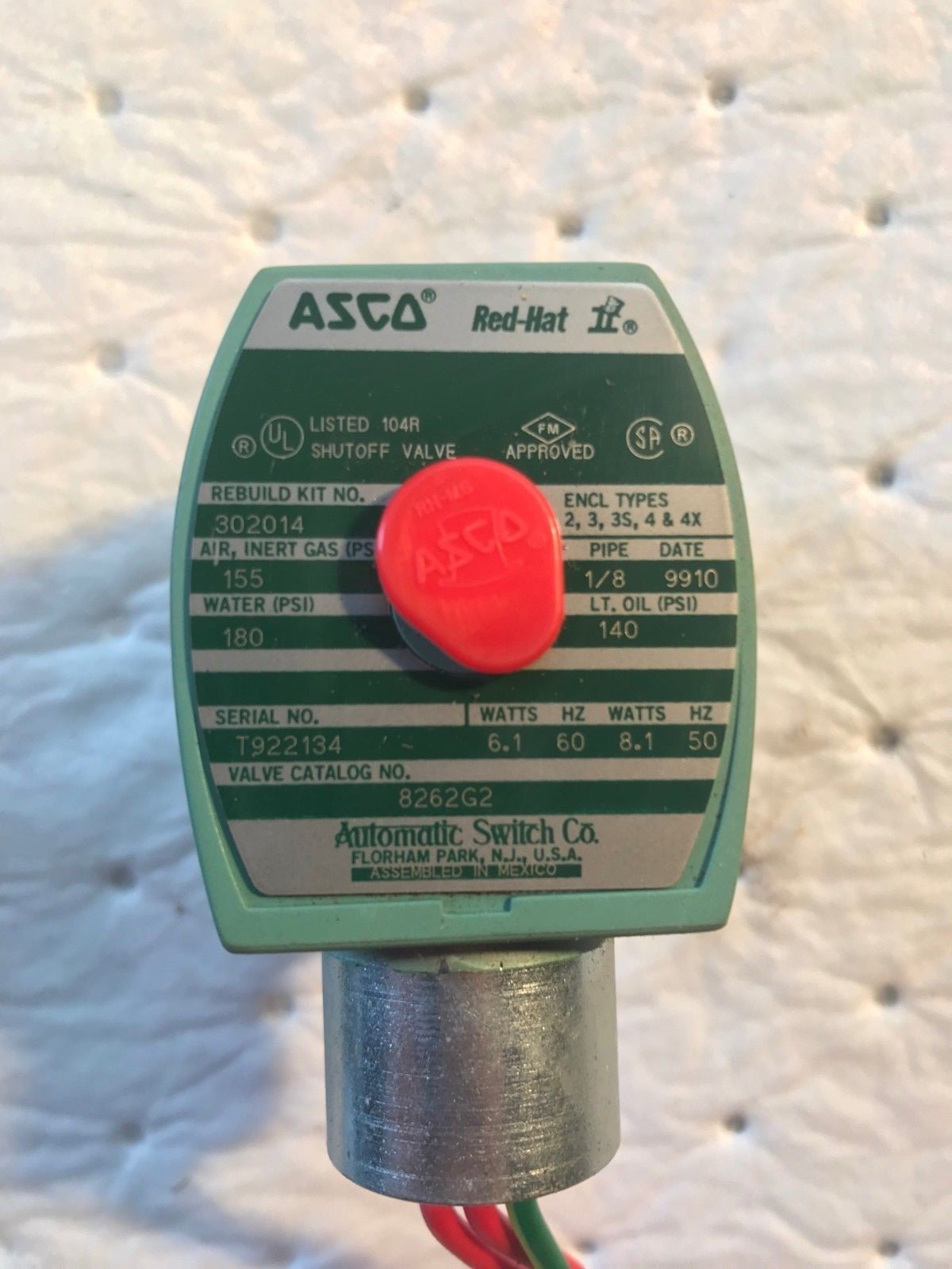ASCO RED-HAT II VALVE 302014 AIR 155PSI WATER 180PSI OIL 140PSI 8262G2