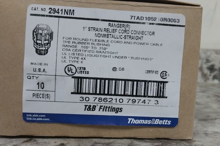 Thomas & Betts 2941NM 100 Pk 1 In Nonmetallic Strain Relief Cord Connector