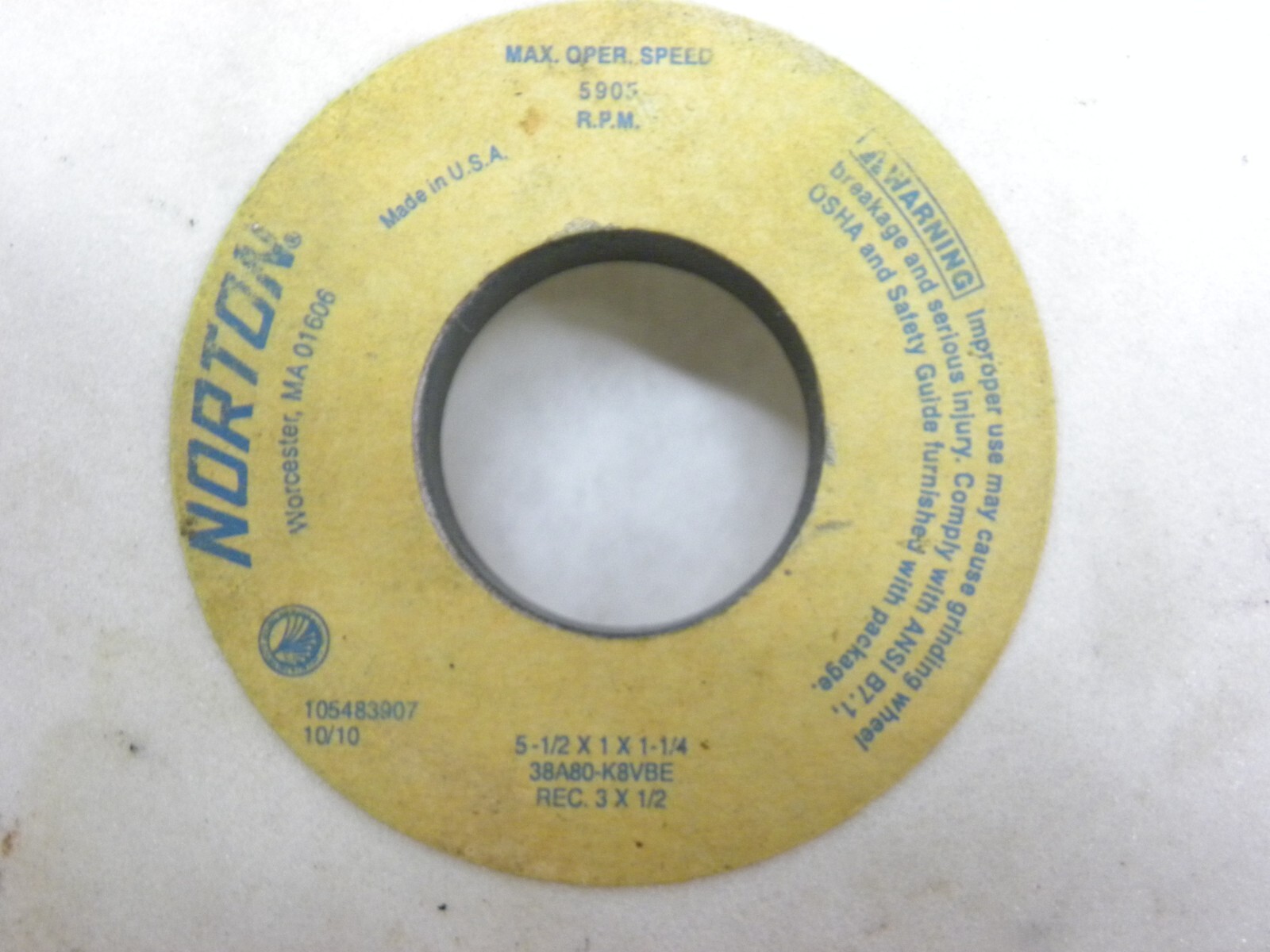 NOS Norton 38A80-K8VBE Surface Grinding Wheel 5905RPM 5-1/2″ x 1″ x 1-1/4″ Hole