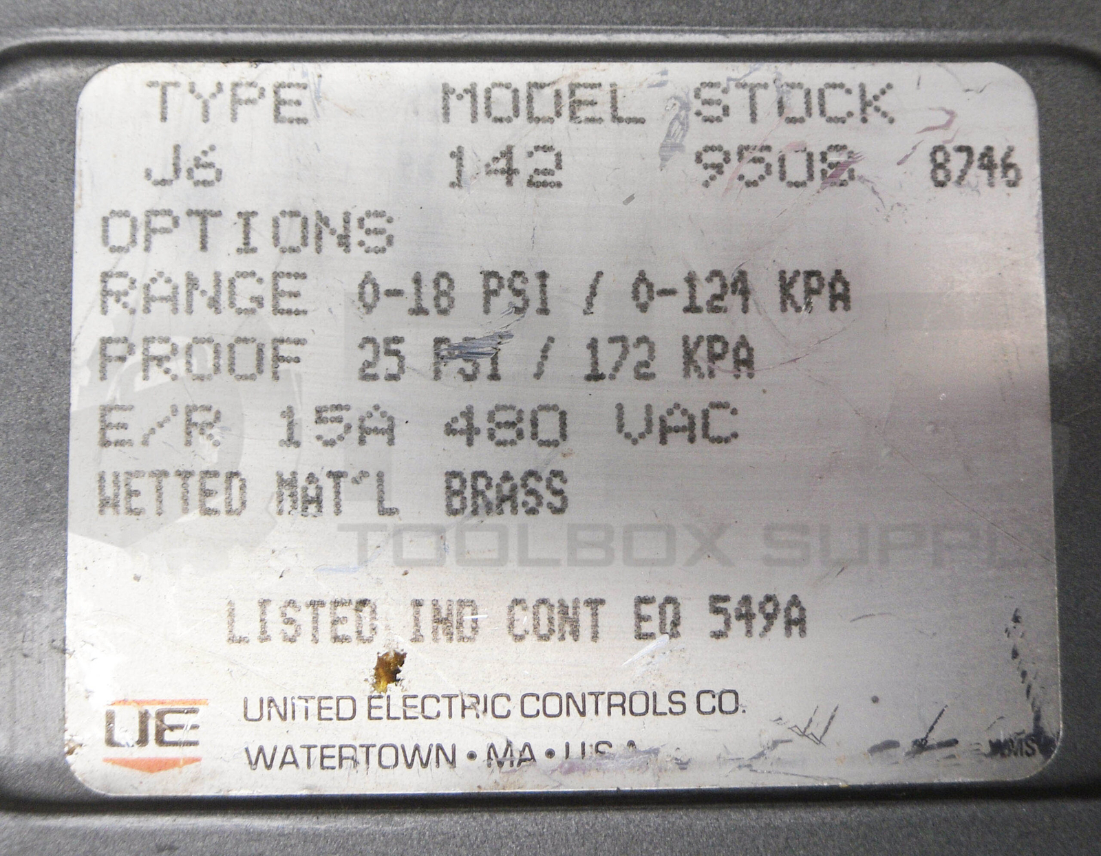 UNITED ELECTRIC J6-142 PRESSURE SWITCH 0-18PSI 4-7″WC 15A 125-250VAC