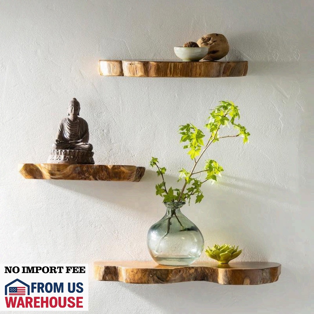 Reclaimed Teak Wood Live Edge Floating Wall Shelves Set of 3 Rustic Natural