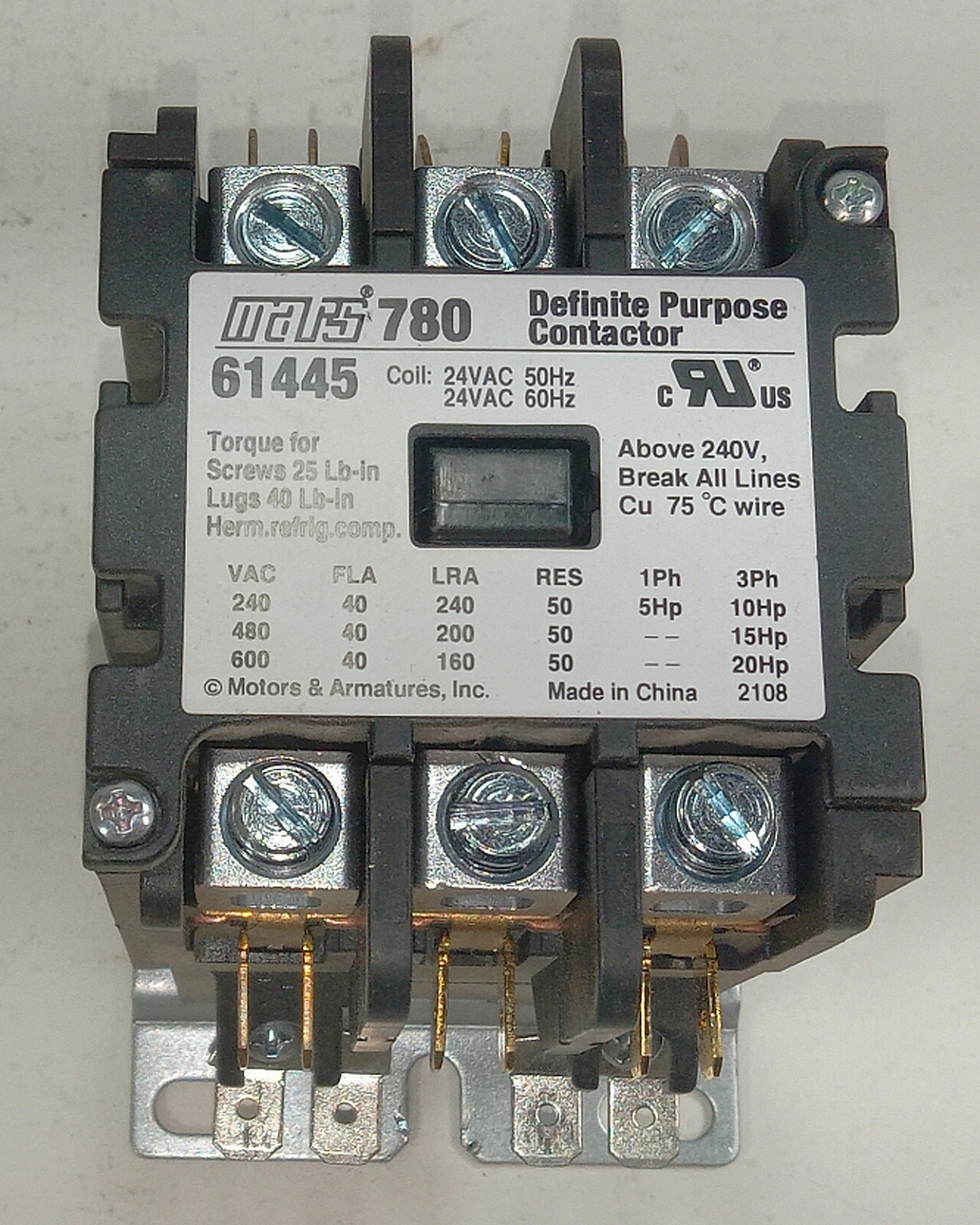 1 USED MARS 780 61445 24VAC DEFINITE PURPOSE CONTACTOR ***MAKE OFFER***