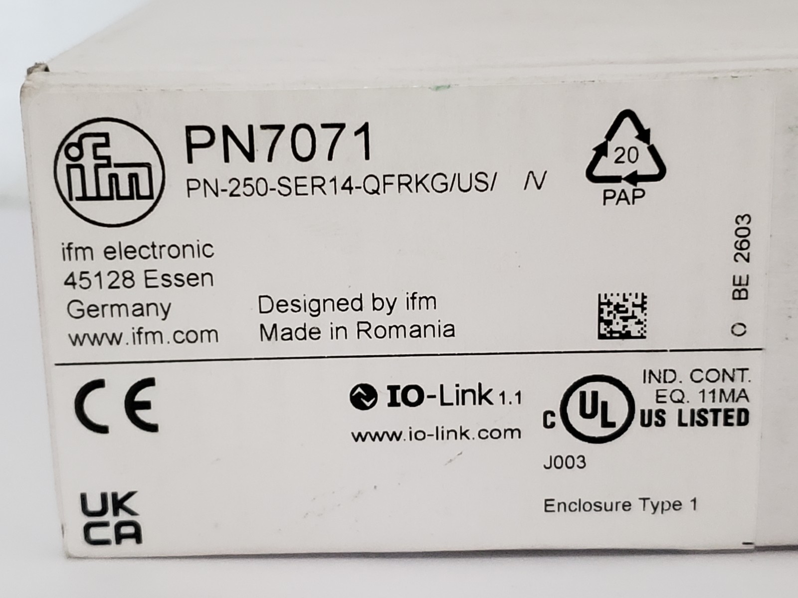IFM ELECTRONIC PN-250-SER14-QFRKG/US 1V-PN7071 PRESSURE SENSOR W/DISPLAY NIB