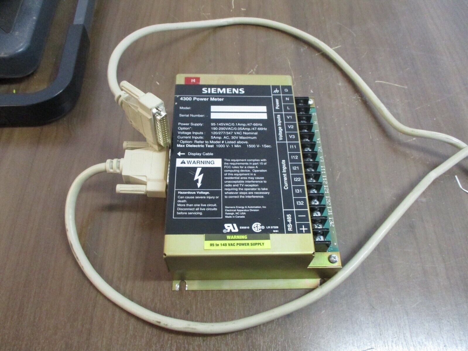 Siemens 4300 Power Meter DC-120 Power Supply: 108-132V 0.25A 47-66Hz w/ Cable