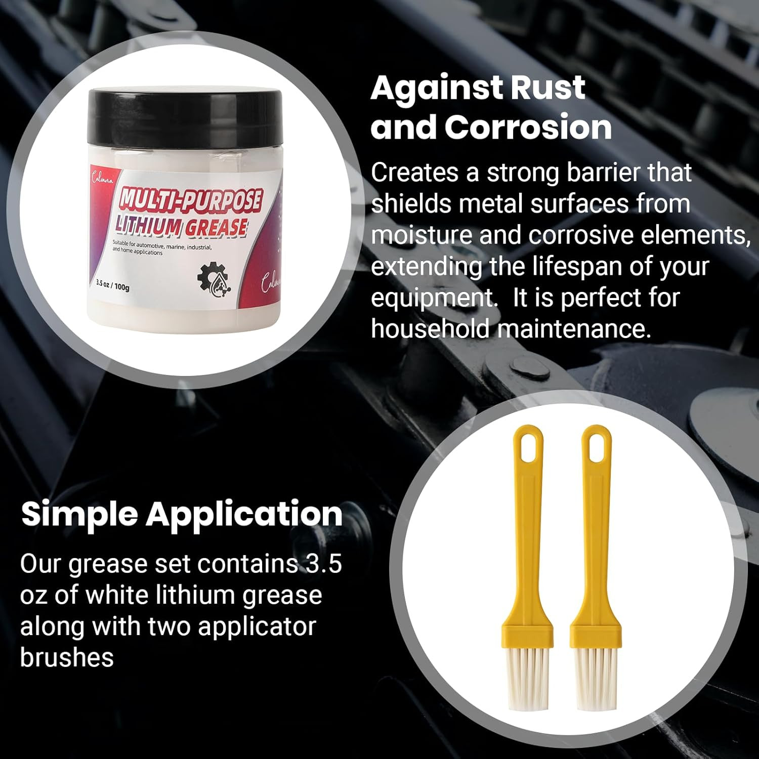 3.5Oz Multi-Purpose White Lithium Grease with 2 Brushes, Ideal for Automotive, M