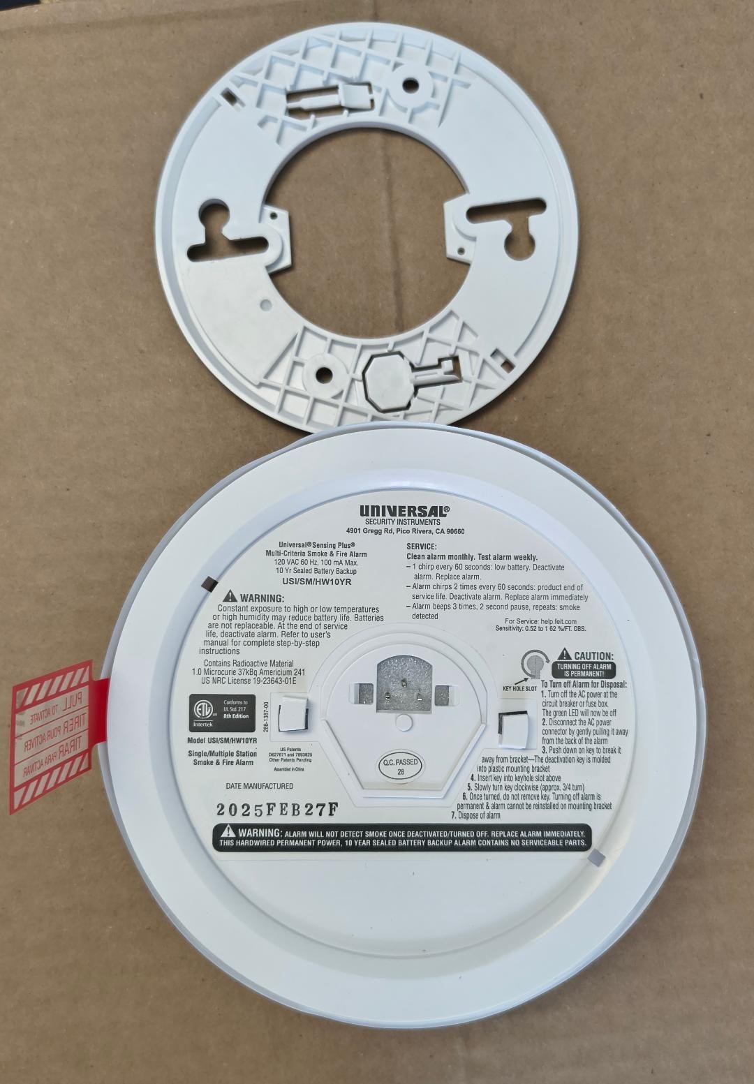 NEW USI/SM/HW10YR 2-IN-1 Smoke & Fire Alarm Hardwired + 10 Yr Battery Free Ship