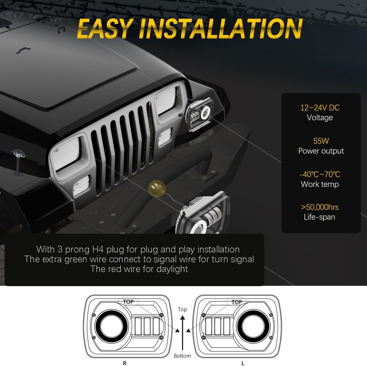 5×7 LED Headlight 7×6 H6054 Headlights with Blue Halo Amber Turn Signal