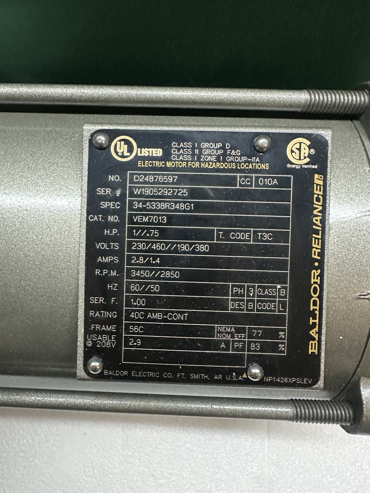 BALDOR Electric Motor, 1 HP, 230/460V, 3 Phase, 3450 RPM, 56J, JM7013, Haz. Loc.