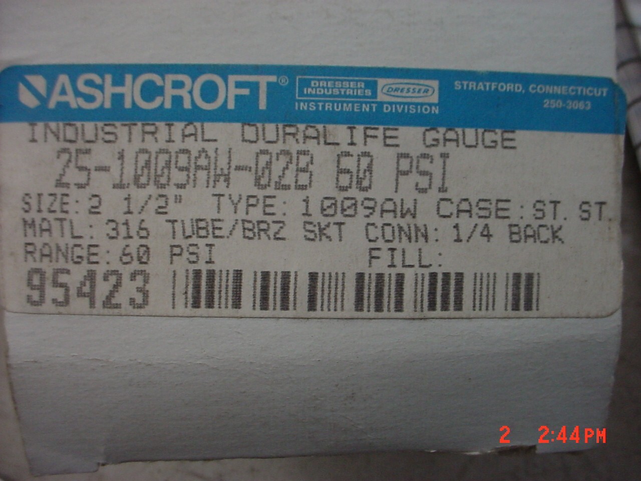 Ashcroft DuraLife Gauge 25 1009 AW-02B 2-1/2″ 0-60PSI