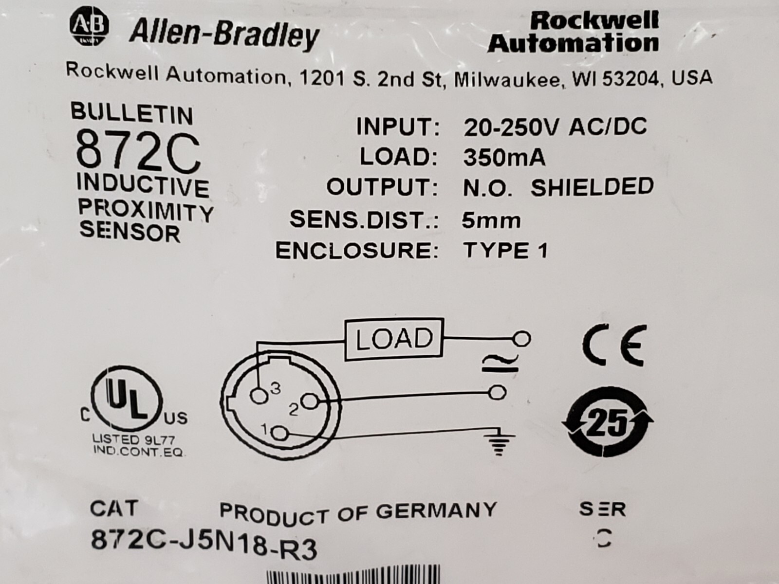 ALLEN BRADLEY 872C-J5N18-R3 INDUCTIVE PROXIMITY SENSOR 20-250V AC/DC SER C NIB