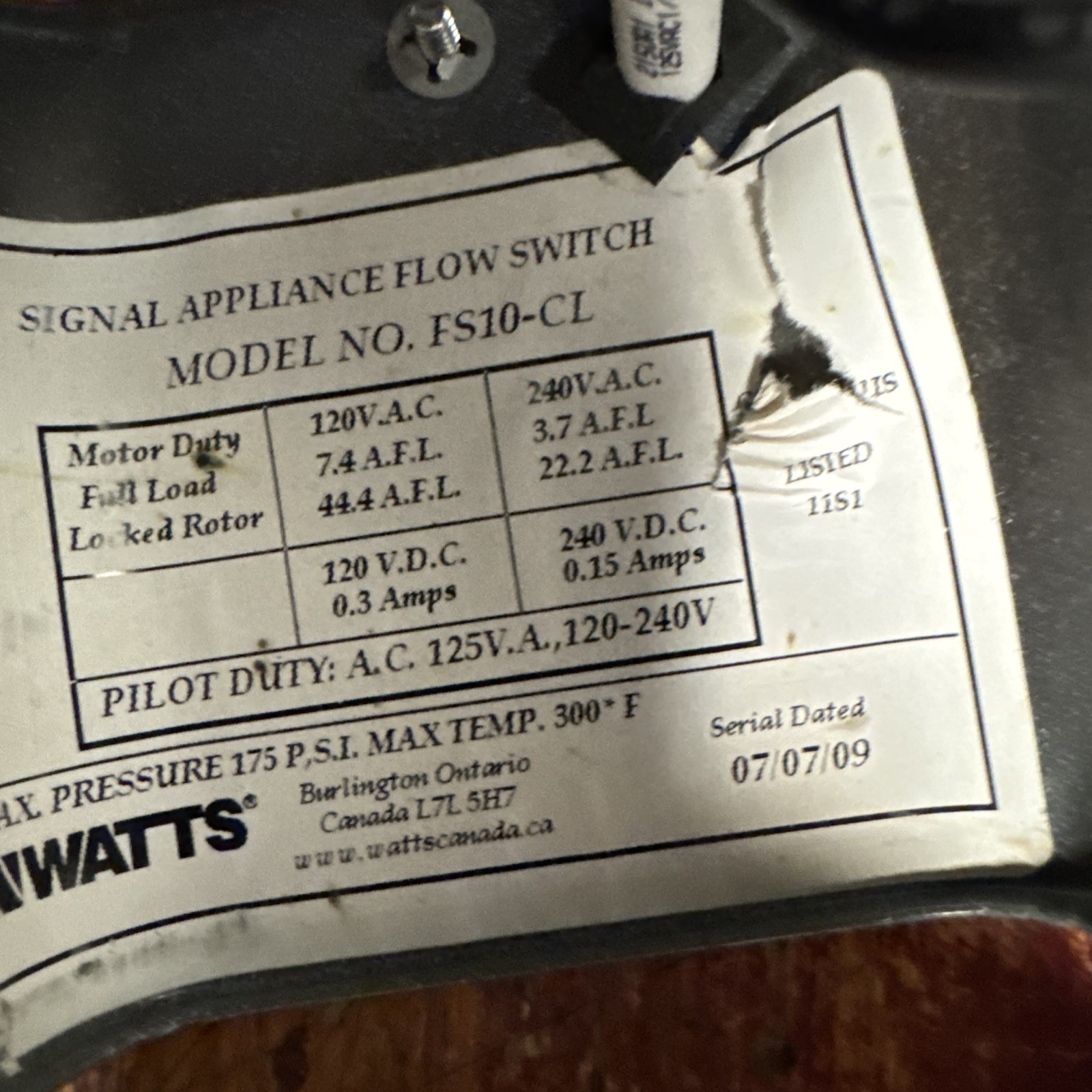 Watts Regulator Type FS10-C Switch, Flow, Regulator, Installed for Short Period