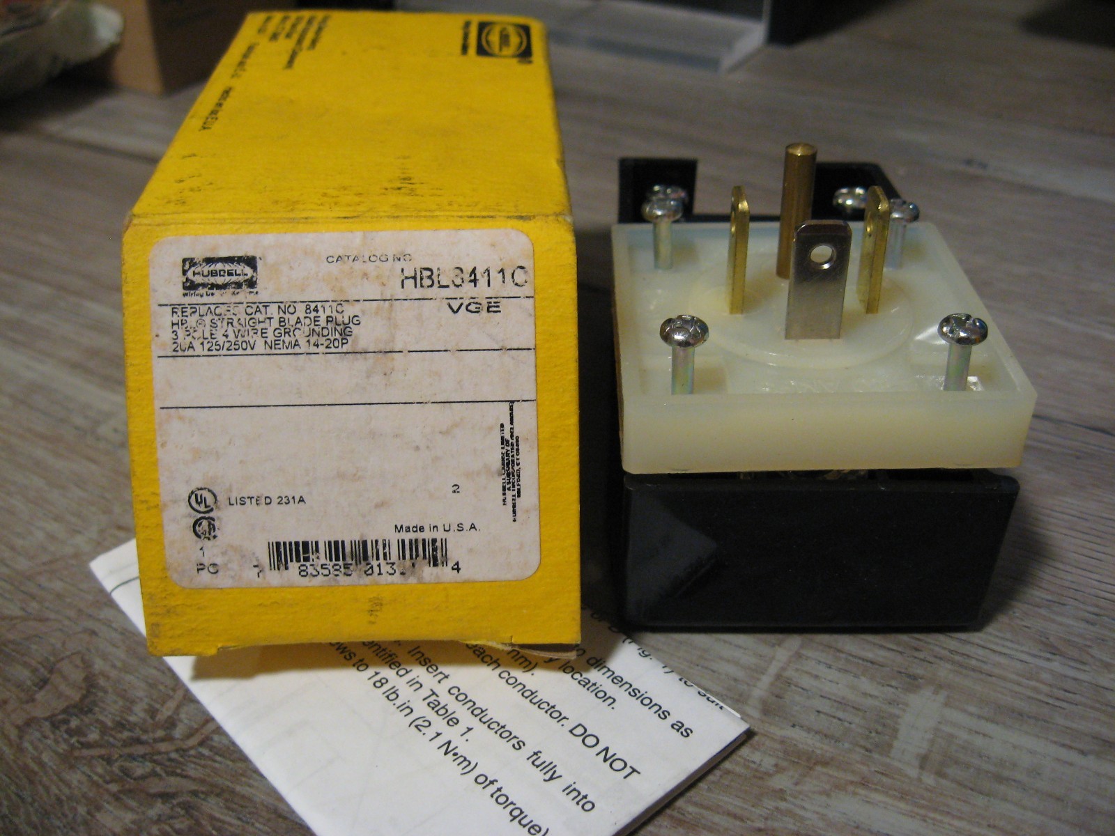 NEW Hubbell HBL8411C 4 Wire Industrial Straight Blade Angle Plug – 20A 125/250V