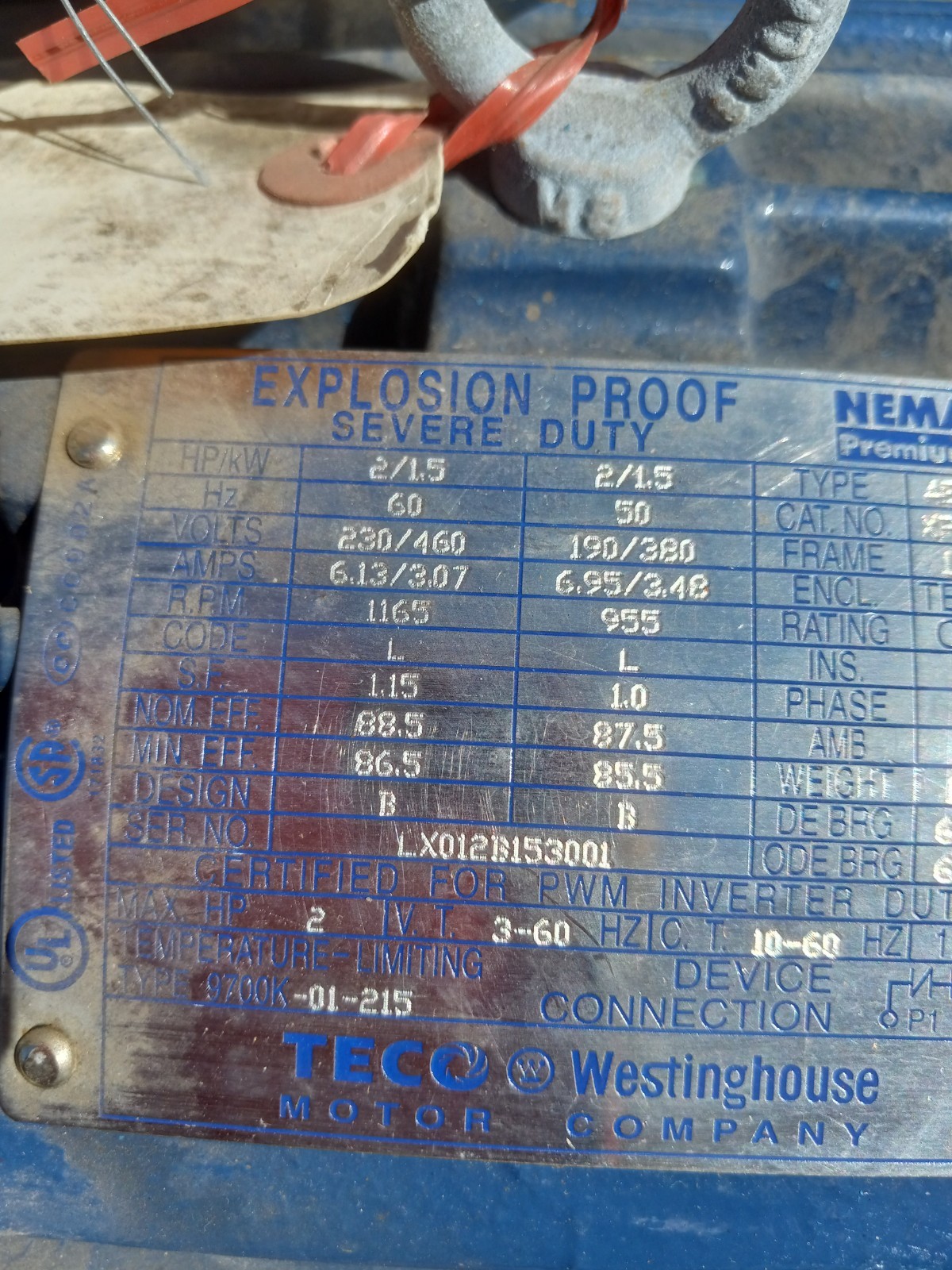1-1/4” TUTHILL PUMP W/MOTOR 2/1.5HP/KW 3C2F-CC-7 TYPE AEHHXG RPM 1165