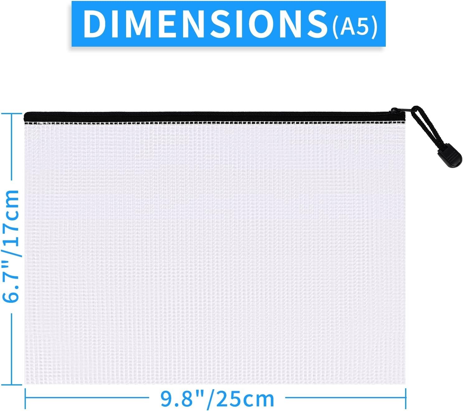 12Pcs A5 Mesh Zipper Pouch, PVC Bags,Waterproof Plastic White