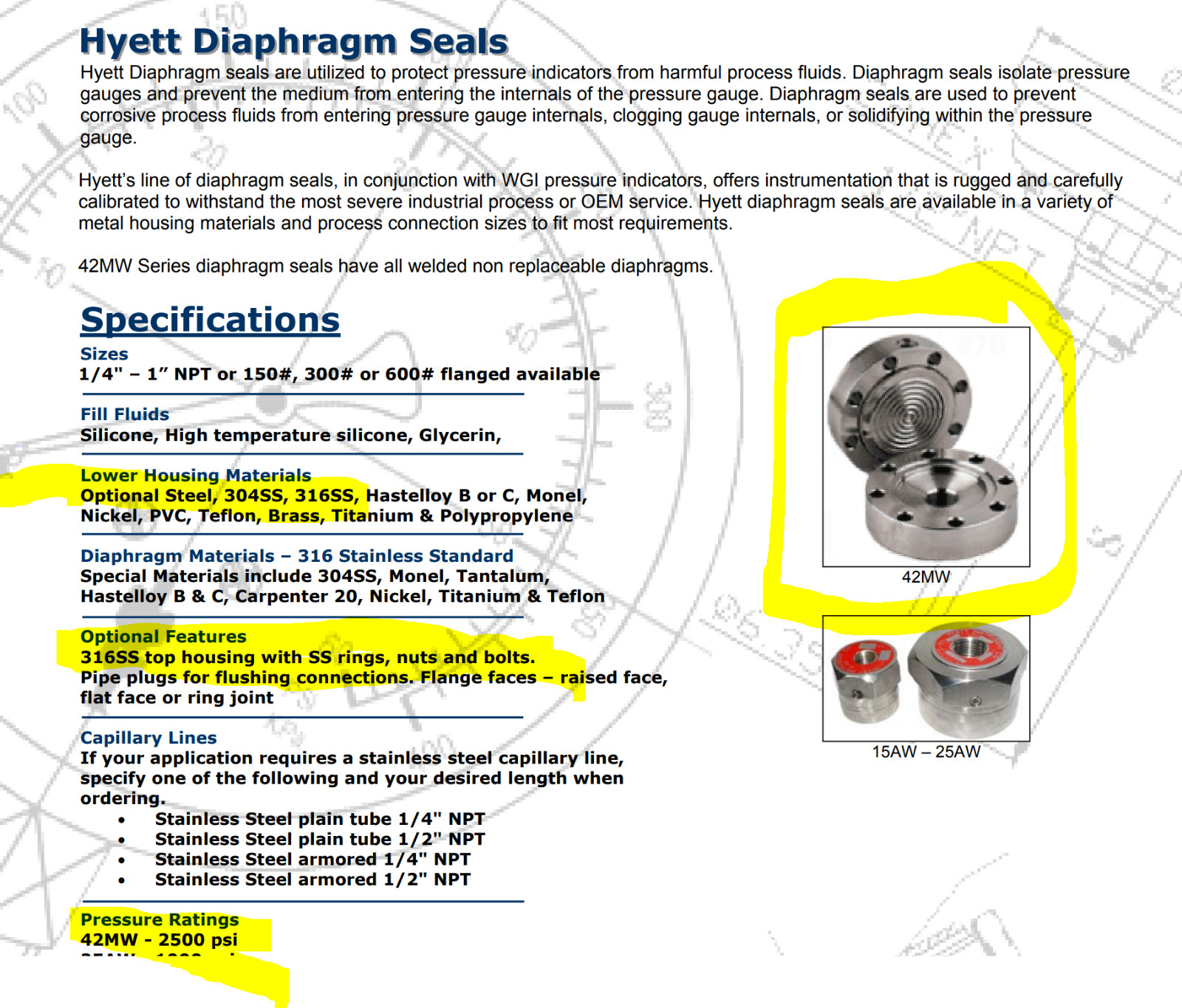 HYETT 42MW SS 2500 PSI Diaphragm Seal ¼” NPT WITH Ametek 200 PSI Gage [Z3S5]