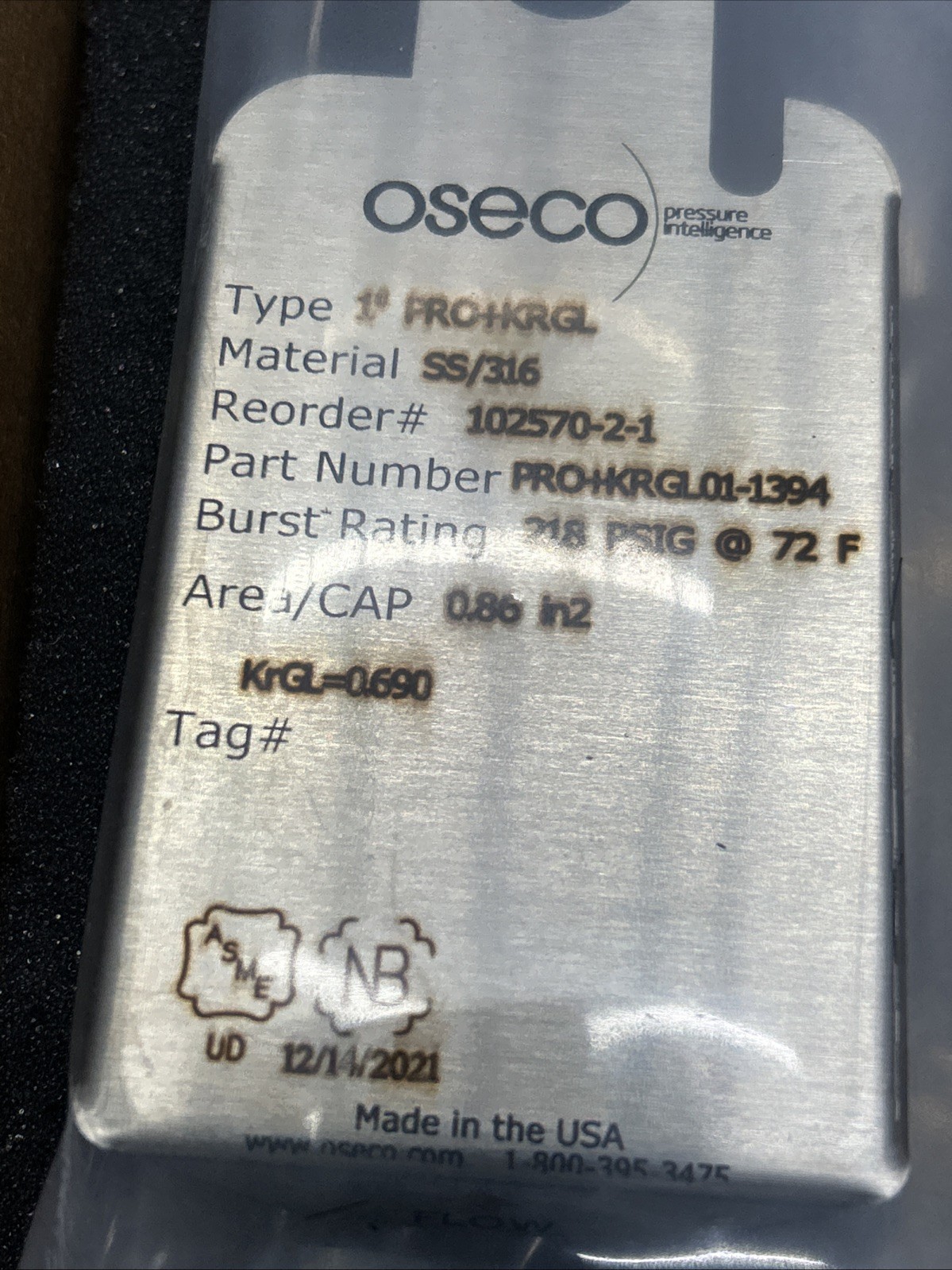 (2) Oseco PRO+KRGL 01-1394 316 SS/Precision Reverse Operating Rupture Discs NIB