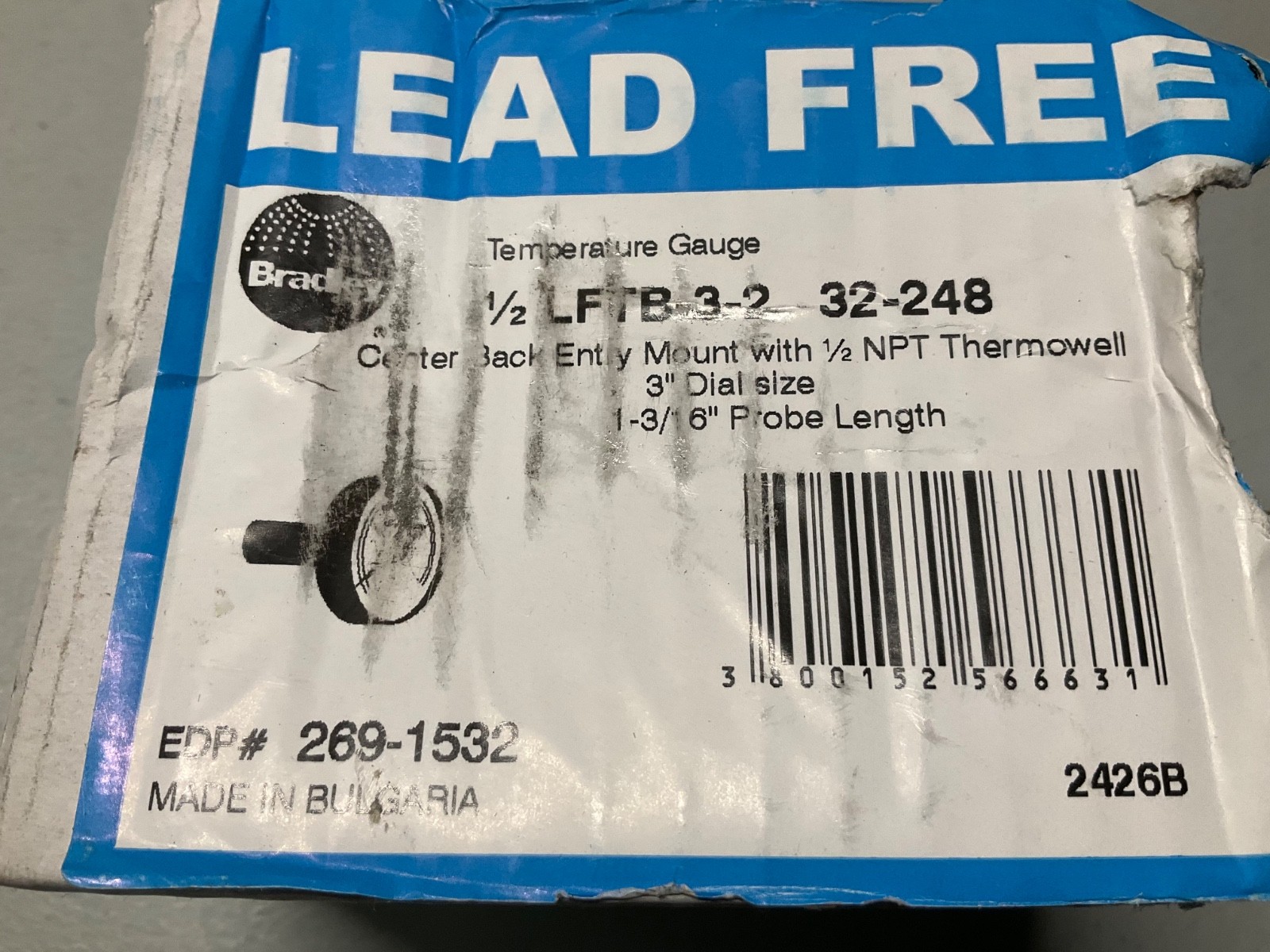 Watts Bradley 1/2 LFTB-3-2 32-248 Center Back Entry Mount NPT Thermowell 3” Dial