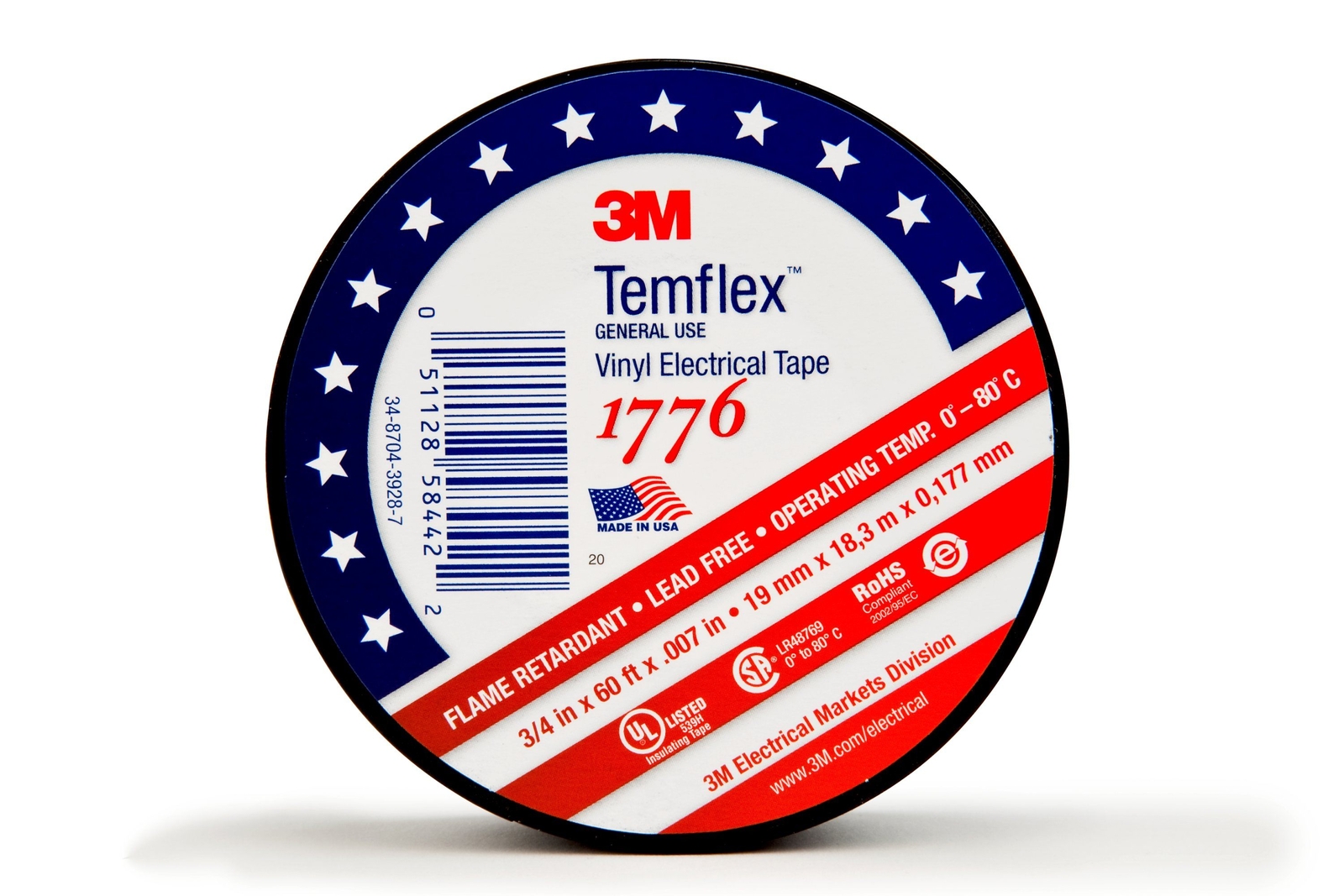 3M Temflex Vinyl Electrical Tape 1776, 3/4 in x 60 ft, 1-1/2 in C (Case of 100)