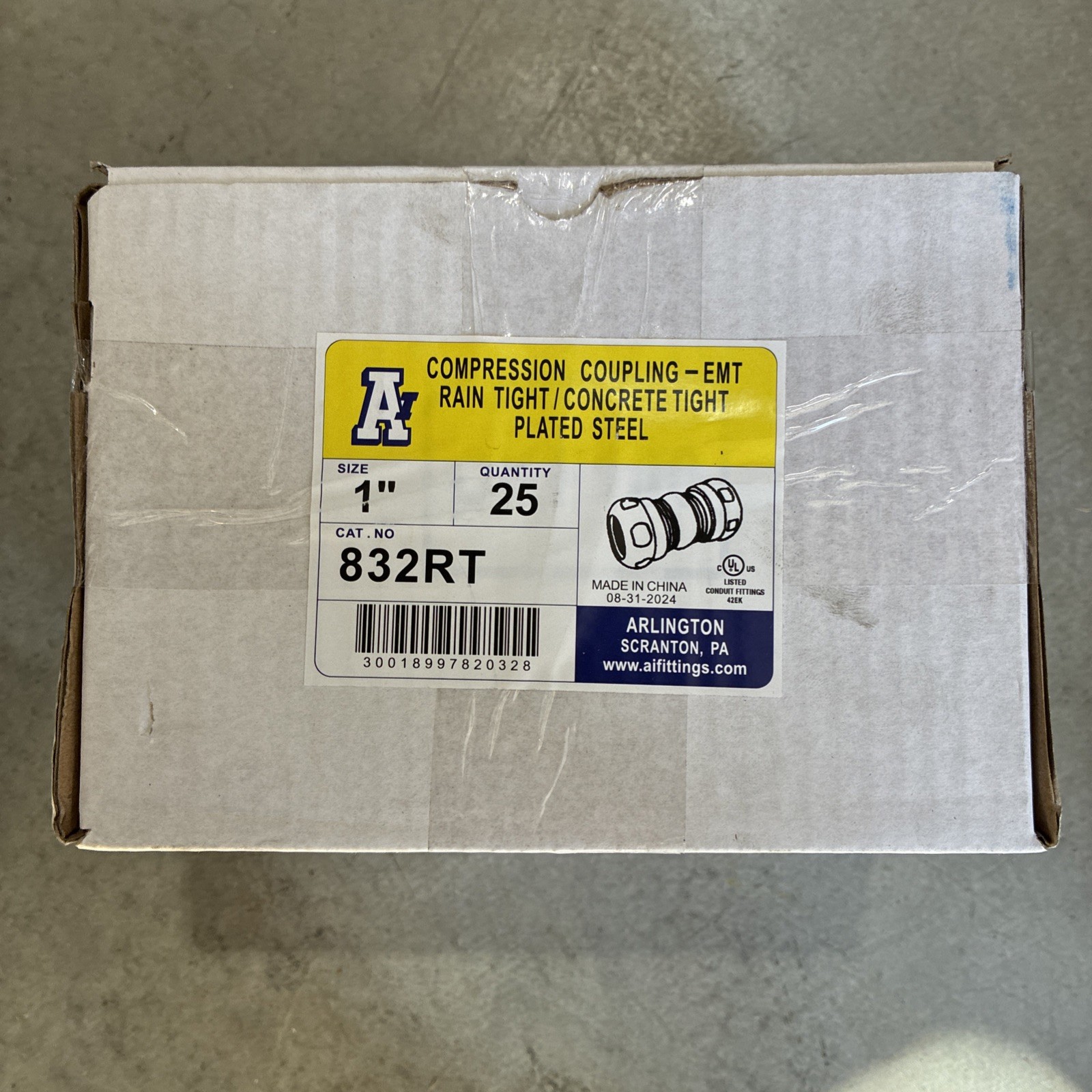25x Arlington 832RT, 1″, Steel, Rain Tight, Compression, EMT Conduit Coupling