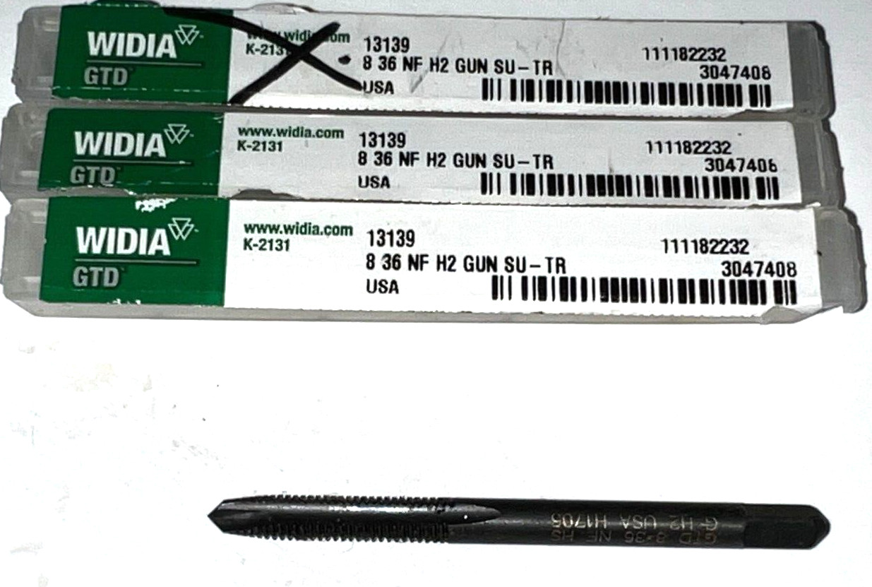 WIDIA GTD SPIRAL POINT TAP 13139 2 FLUTE #8-36 NC 7/8″ LOC 2-1/4″ OAL LOT OF 3*