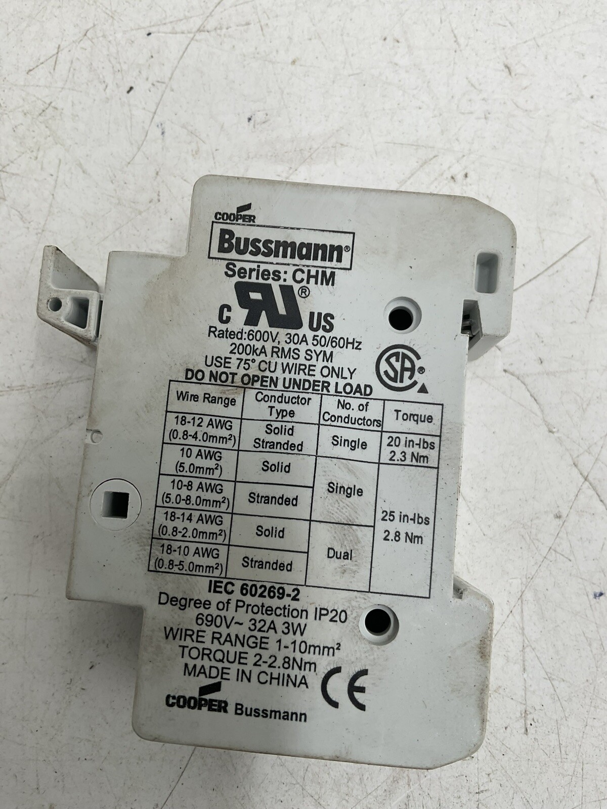 COOPER BUSSMANN SER.CHM 600V 30A 50/60HZ 200KA RMS SYM IEC 60269-2 3W