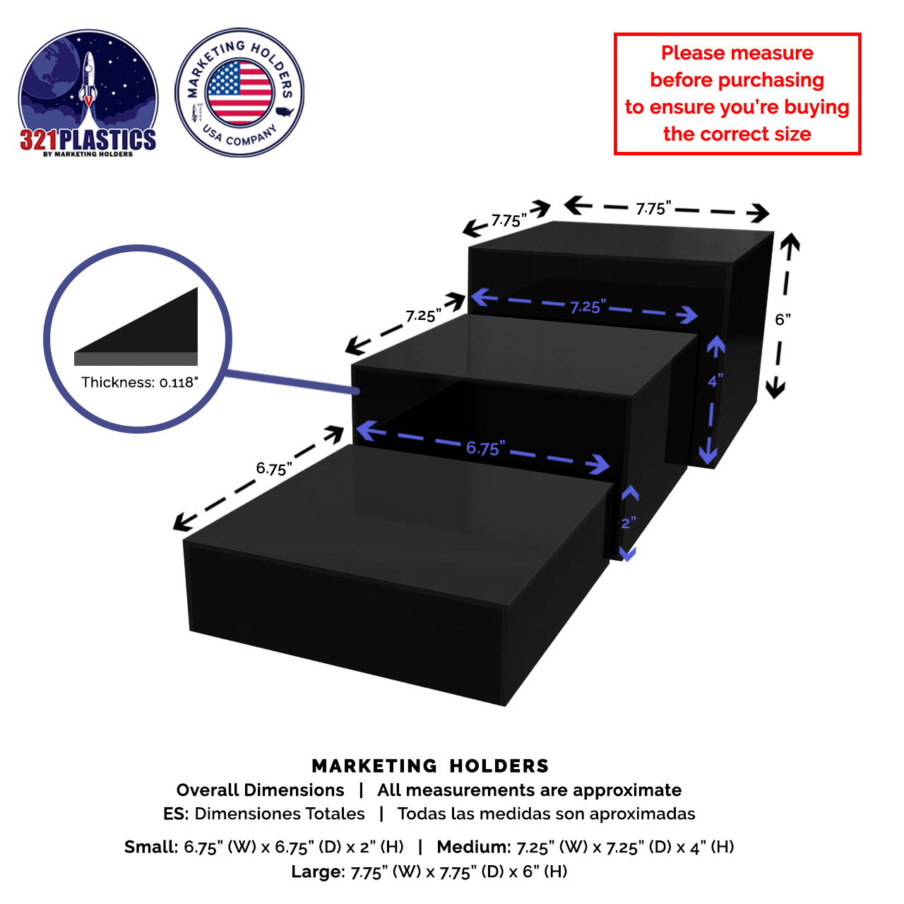 Set of 3 Black Acrylic Display Box Compartment Storage 5 Sided Bin Glossy No Lid