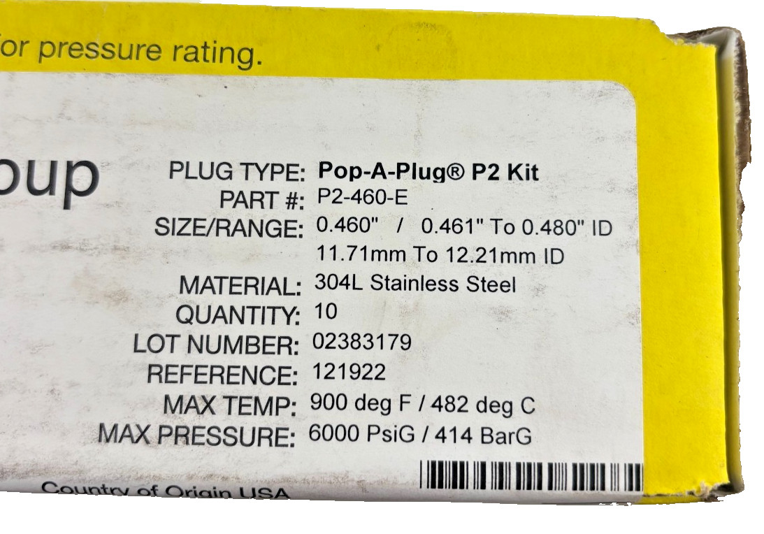 Curtiss-Wright Pop-A-Plug P2 Kit P2-460-E Tube Plugging System (Box of 10)