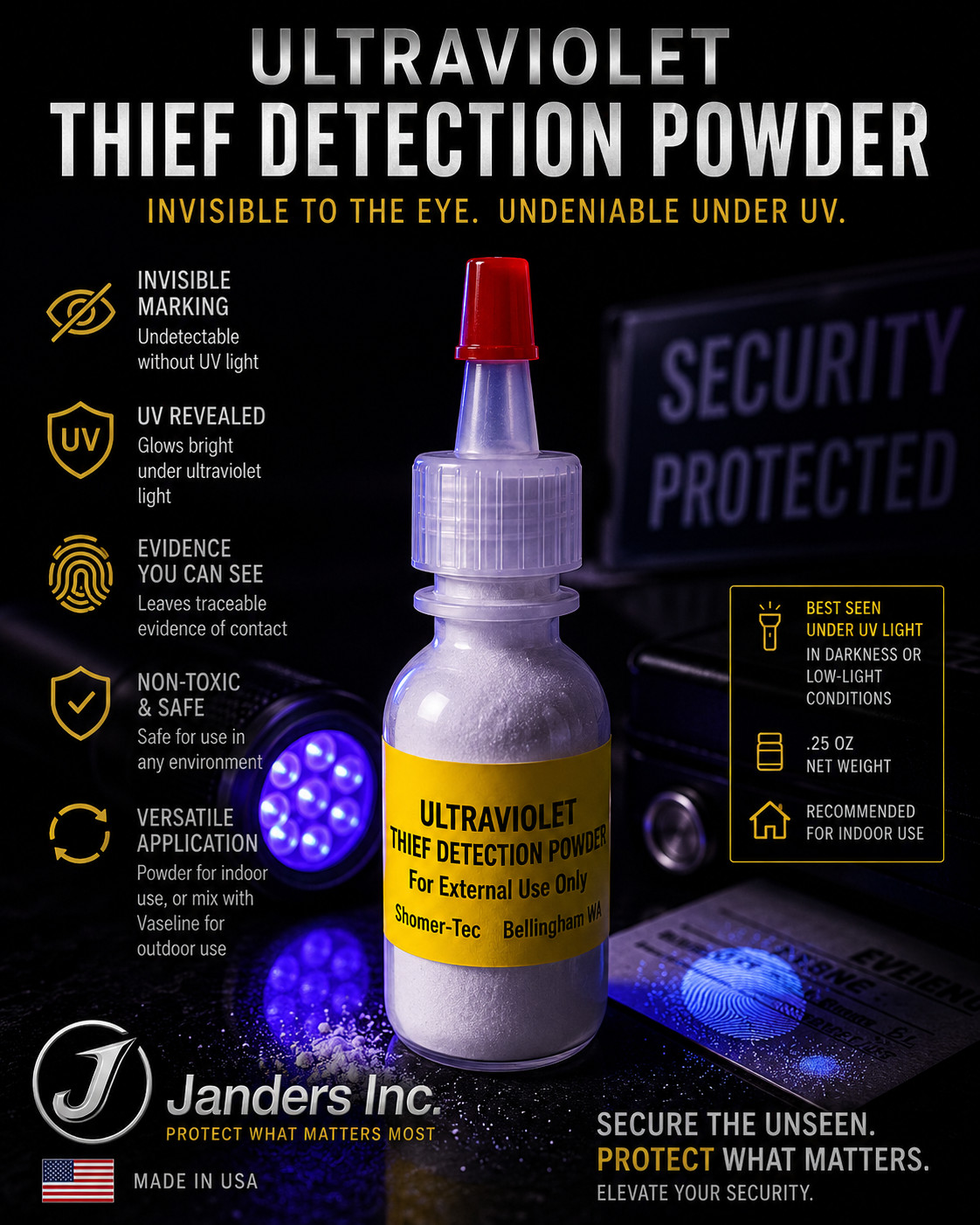 ULTRAVIOLET THIEF DETECTION POWDER invisible except under UV light Security