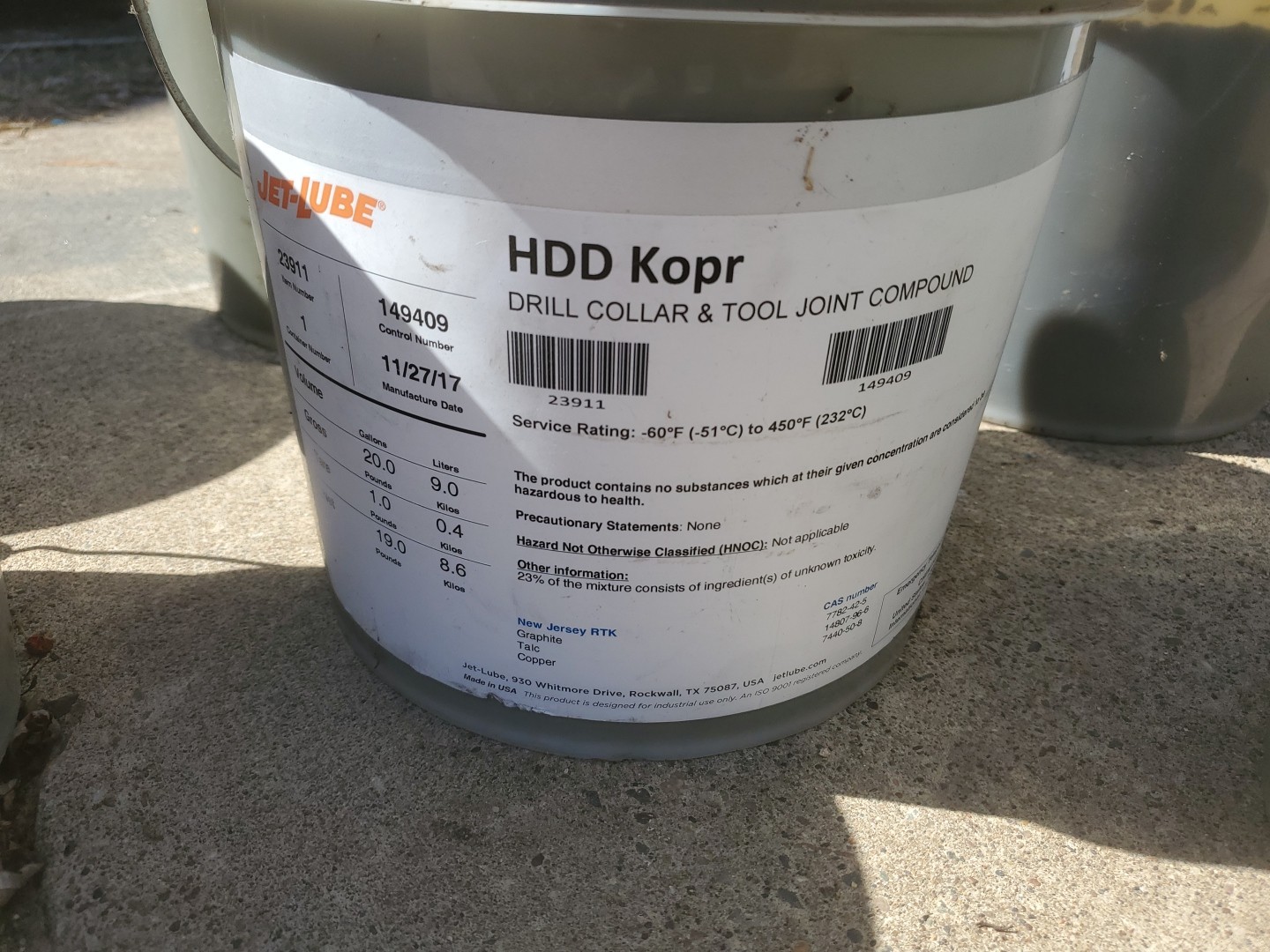 Jet Lube Hdd Kopr 19.00-lb./8.62-kg Pail 23911 Drill Collar & Tool Joint Compoud