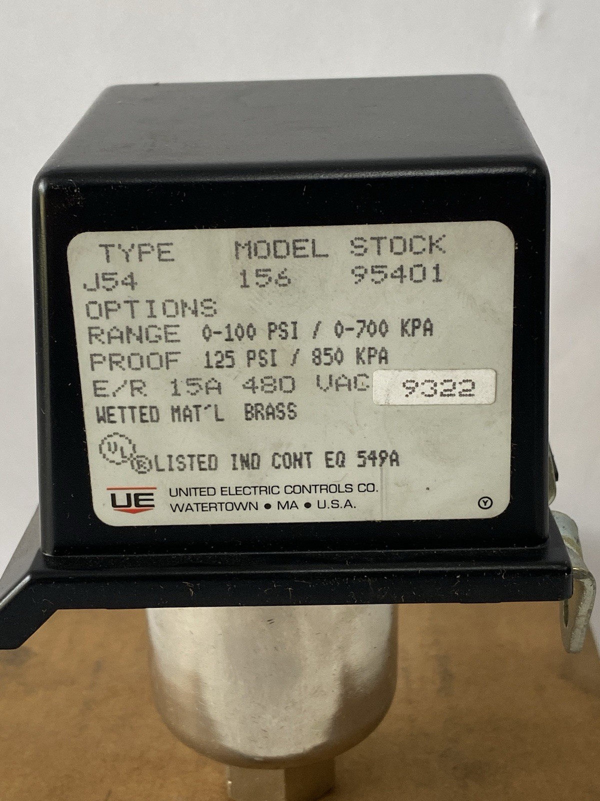 UNITED ELECTRIC J54S-156 PRESSURE SWITCH 15A 480VAC