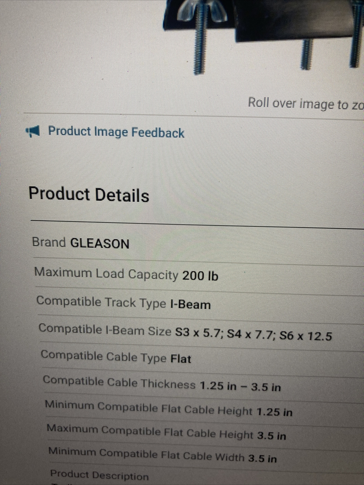 GLEASON Festoon Intermediate Trolley: I-Beam, Flat, 1.25 in – 3.5″, 5.5″ length