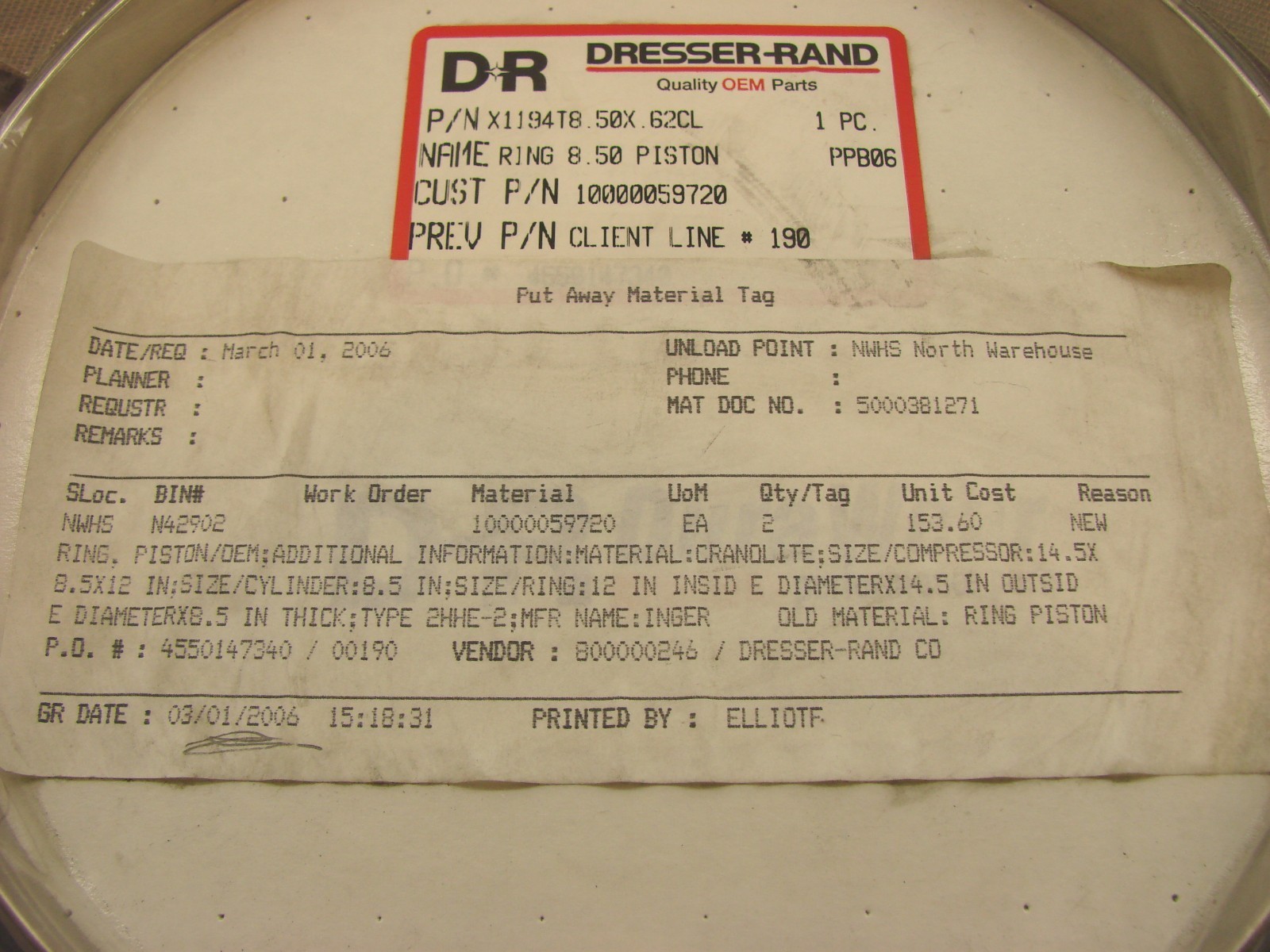 New (2) Dresser Rand X1194T 8.50 X .62CL Piston Ring OEM Ring #1 & #2 b74