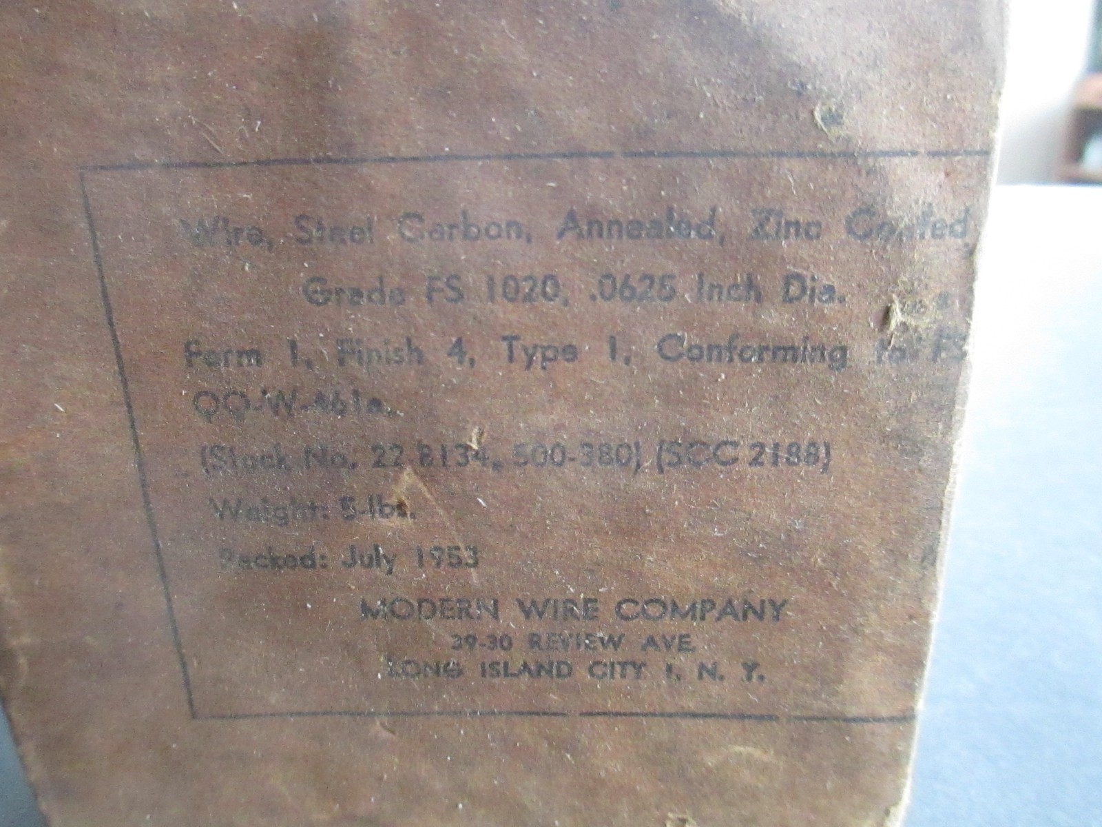 NOS VINTAGE 5 lb SPOOL 1953 Modern Wire Co. 0.0625 inch Steel Zinc Annealed B69