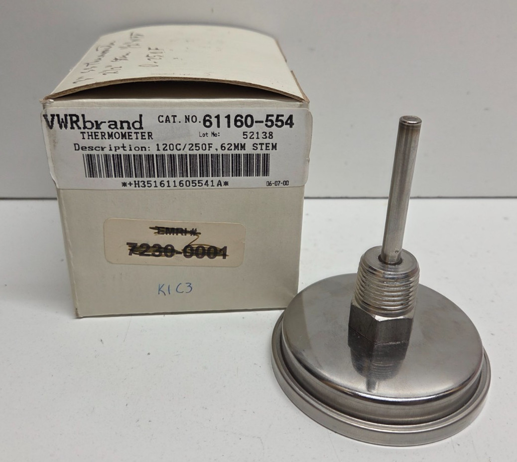 NEW IN BOX! VWR BRAND 3″ DIAL 62MM STEM 0-250F DEGREE THERMOMETER 61160-554