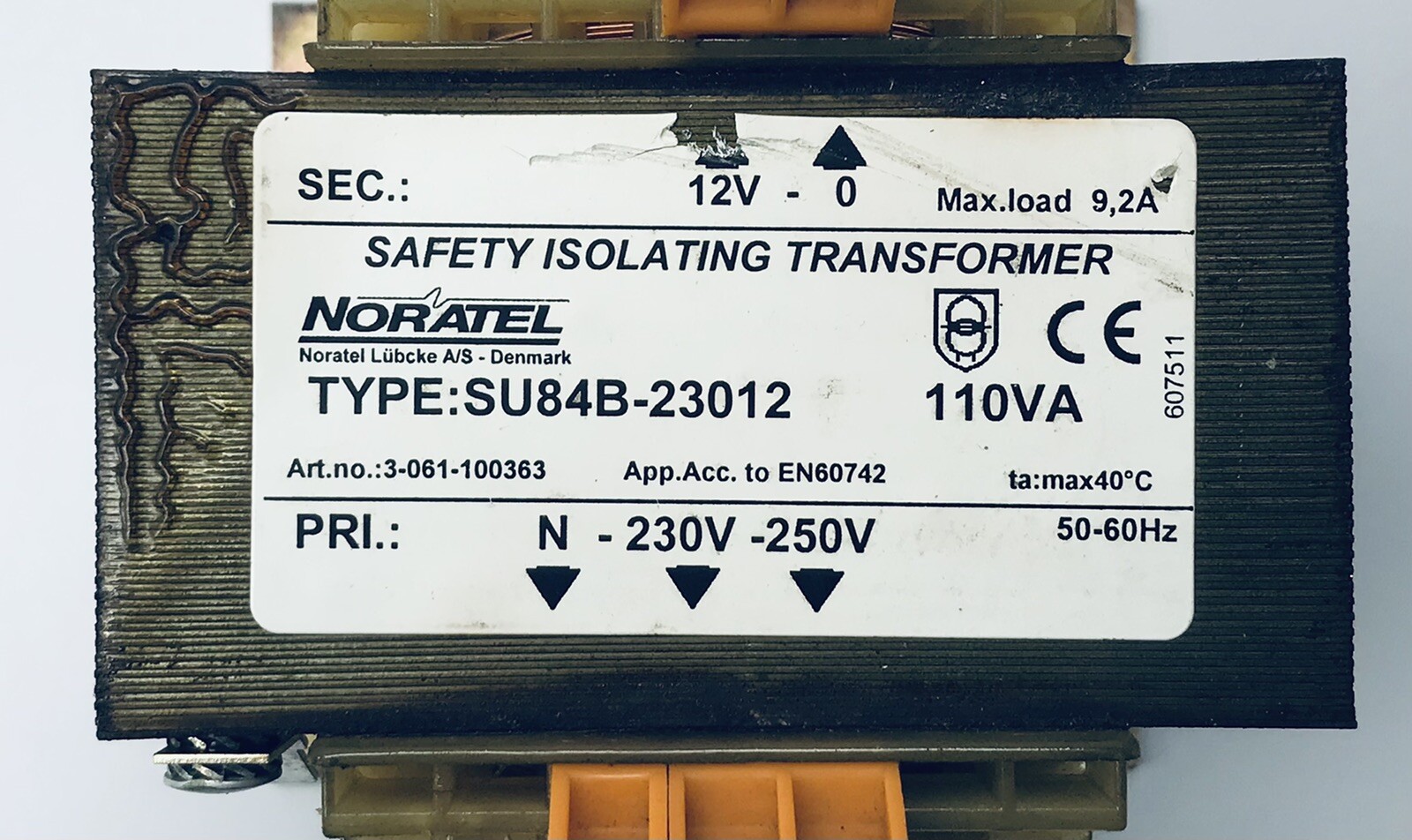 NORATEL TYPE SU84B-23012 SAFETY ISOLATING TRANSFORMER 230-250V IN 12V OUT 110 VA