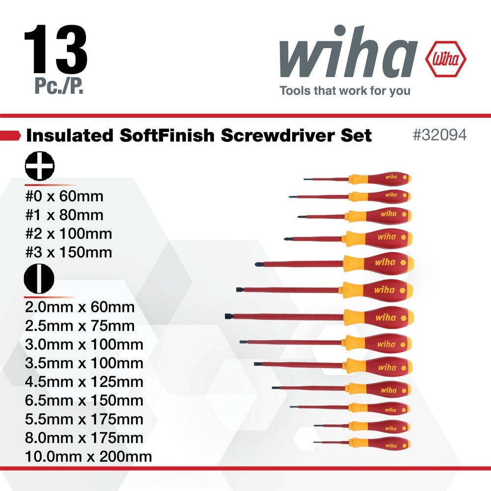 Wiha Tools 32094 13-Piece Insulated Slotted, Phillips Screwdrivers Set Sealed