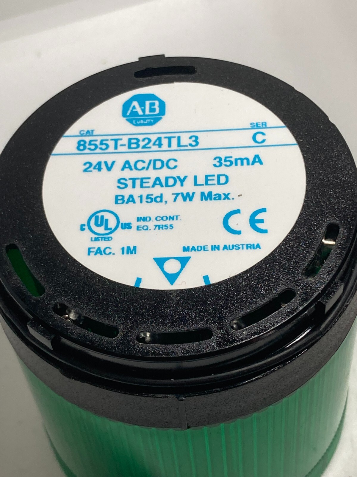 ALLEN BRADLEY 855T-B24TL3 STACK LIGHT GREEN STEADY LED 24VAC/DC 35MA SERIES C