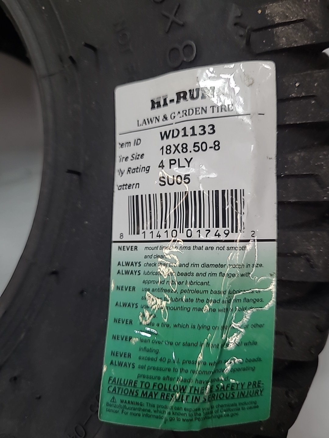 Hi-Run WD1133- 18×8.50-8 SU05 Commercial Lawn Mower Tire- 4Ply- Load B