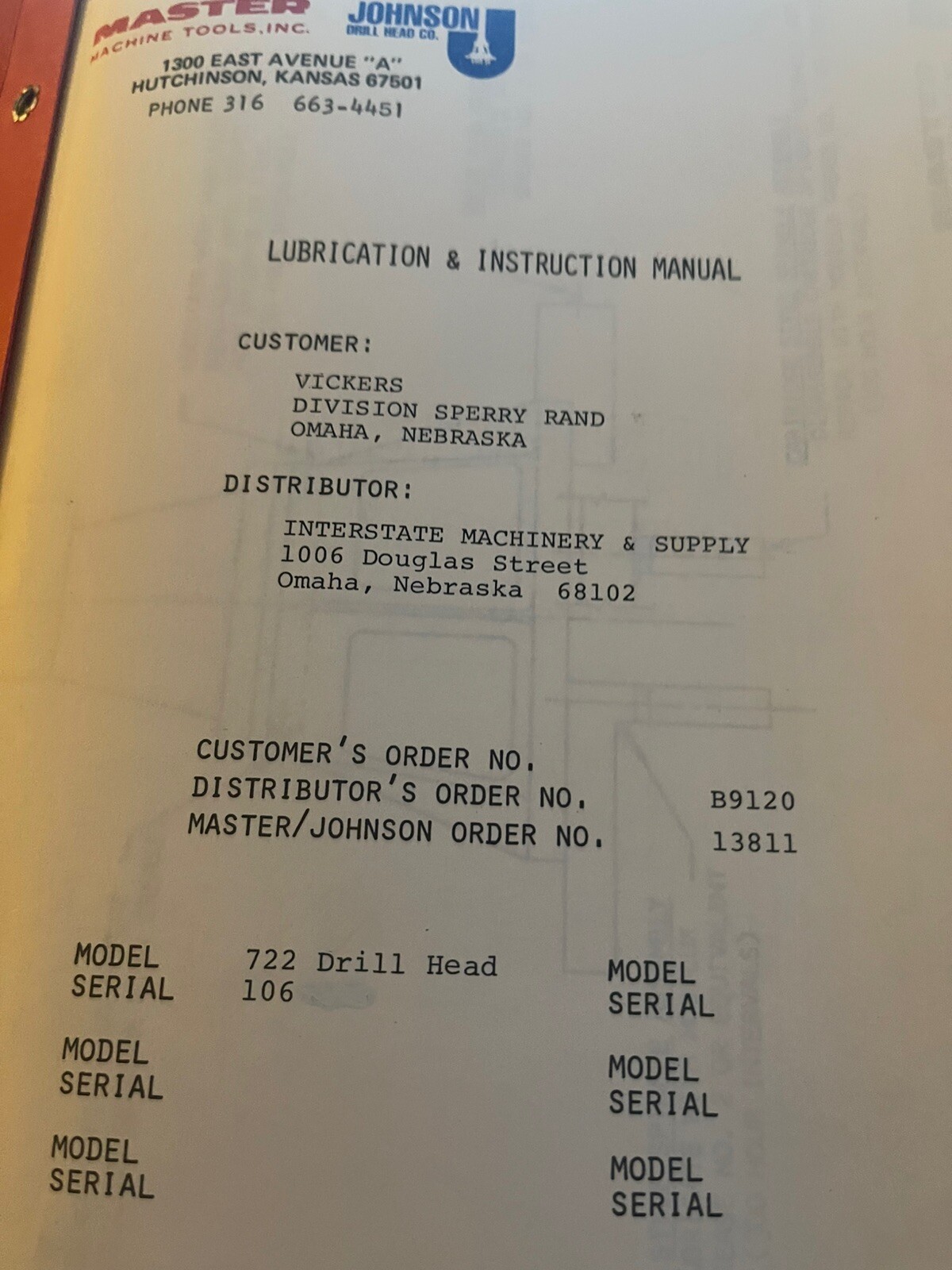 Lubrication and Instruction Manual Model 722 Drill Head