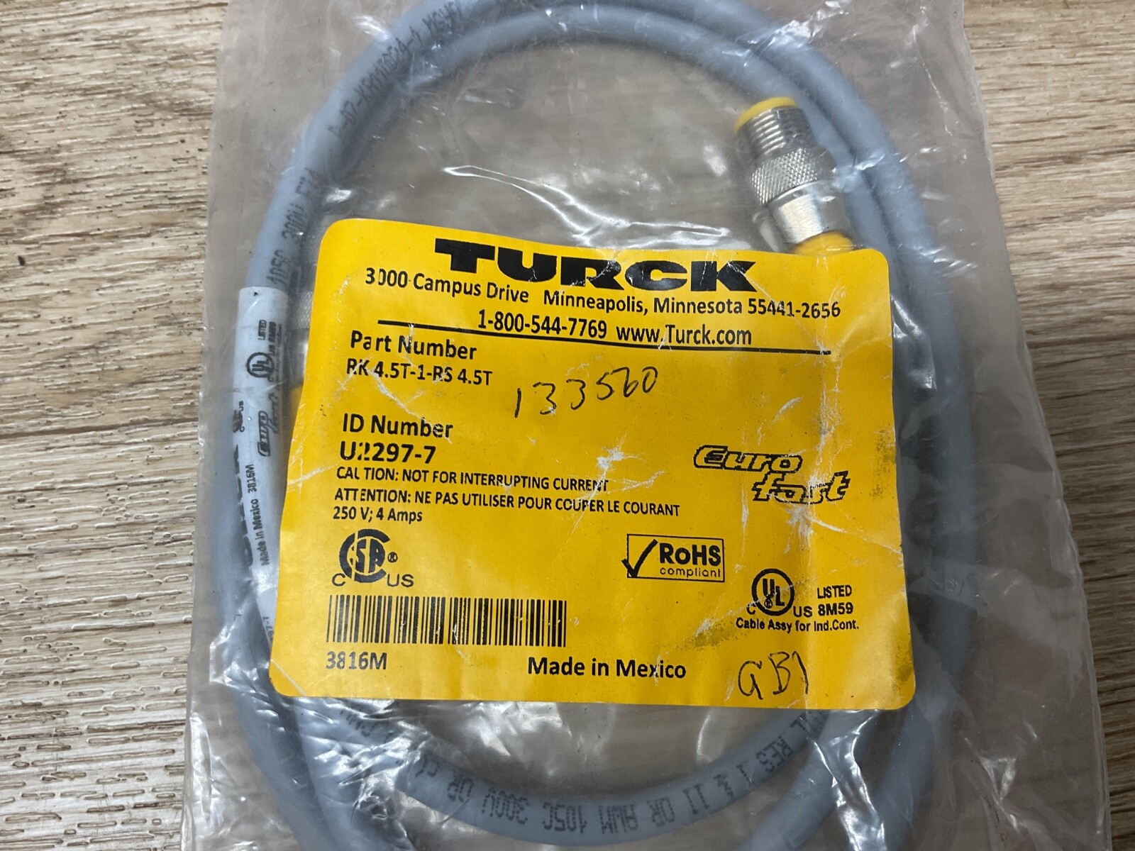 New Turck RK 4.5T-1-RS 4.5T U2297-7 Eurofast Cable Euro Fast Male/Female #71D46
