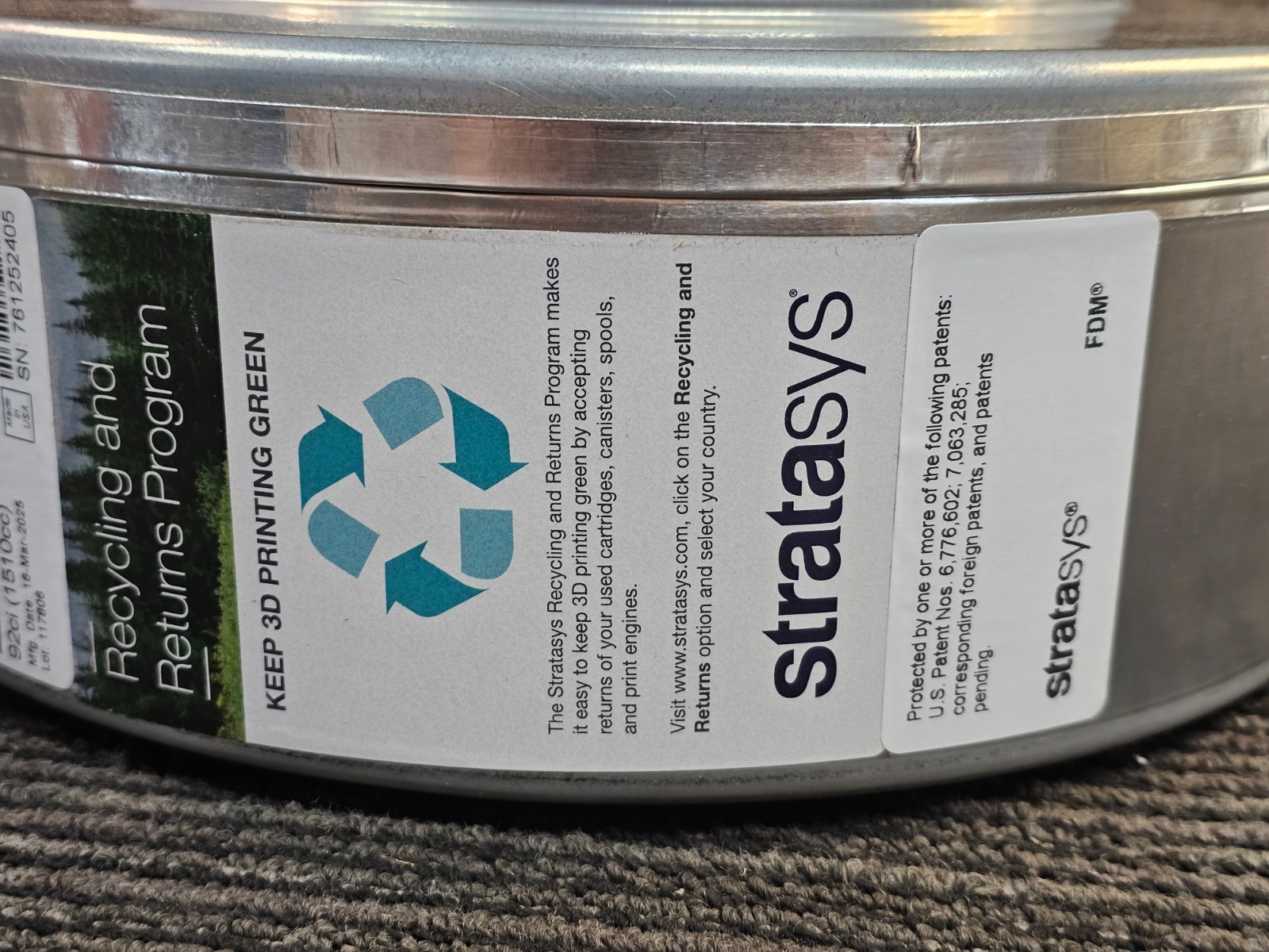 Stratasys 355-02130 ABS-ESD7 Filament Plus Canister, Black For Fortus 360mc Plus