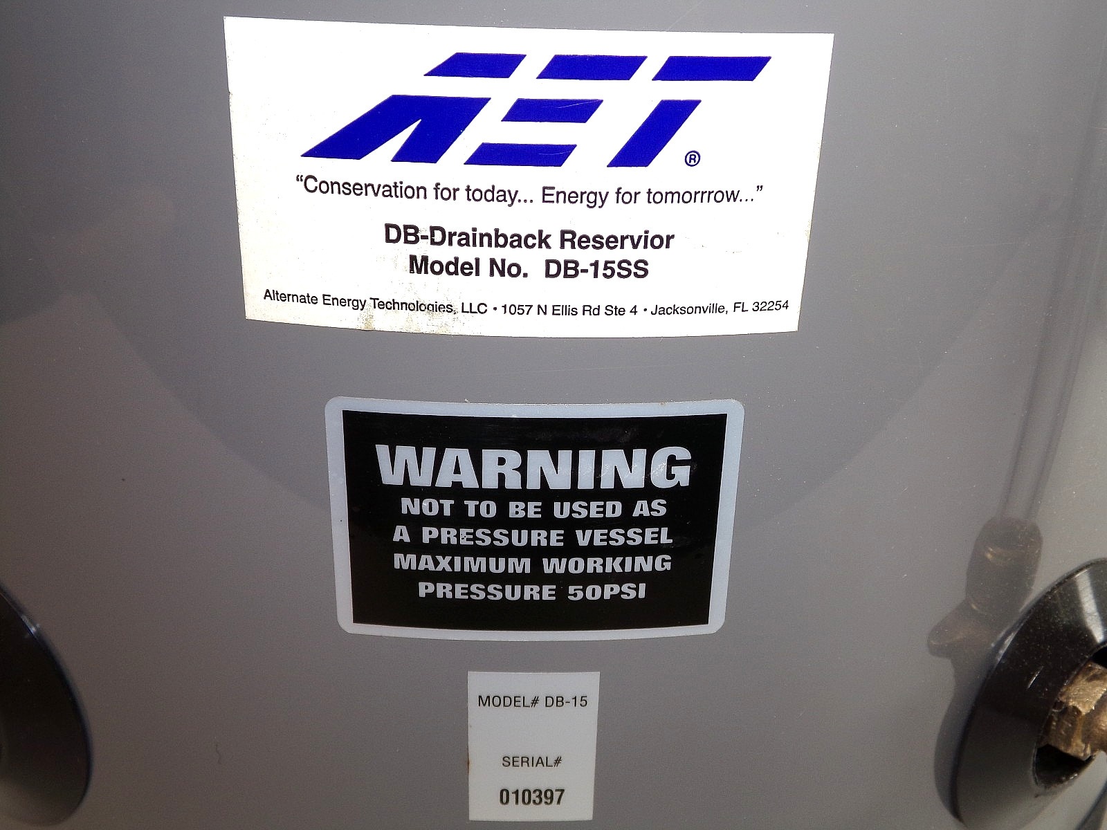 AET Thermomiser DB-15SS Stainless Steel Drainback Reservoir Tank w/ Sight Glass