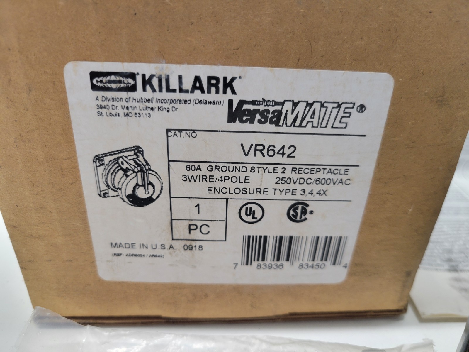 NEW OLD STOCK! HUBBELL KILLARK VERSAMATE 60A 3W/4P STYLE 2 RECEPTACLE VR642