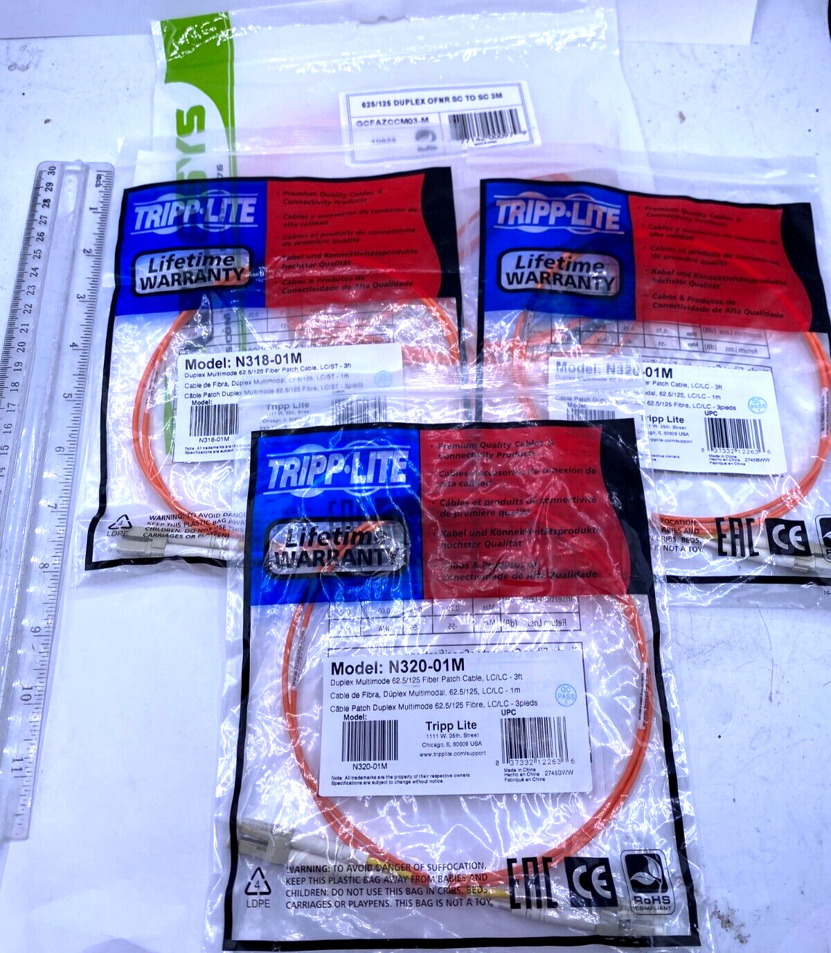 Tripp-Lite Lot of 4 Duplex Multimode Fiber Patch Cable N320-01M, N318-01M, 10925