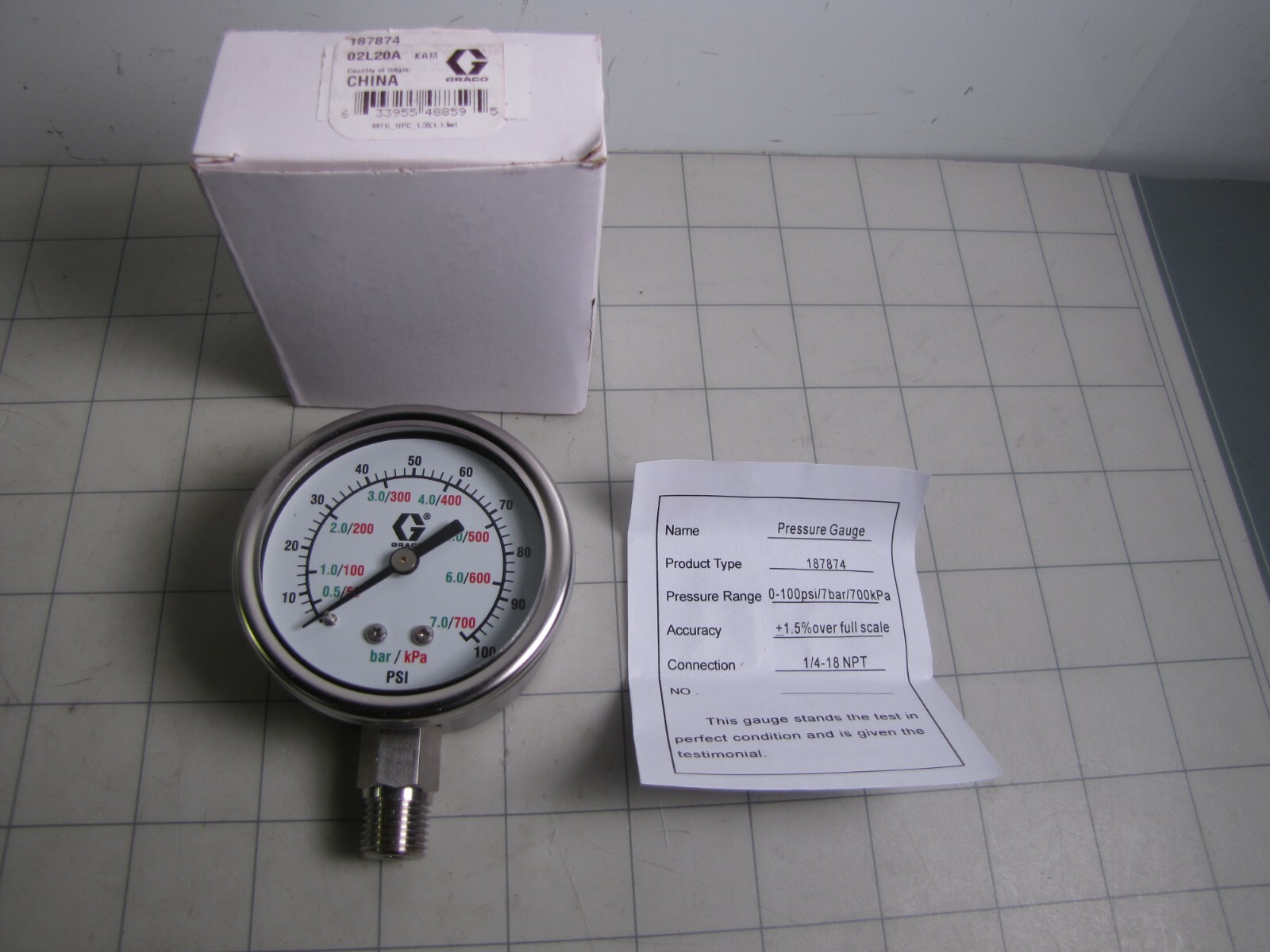Graco 187874 Pressure Gauge 0-100 psi / 7 bar / 700kPa 1/4-18 NPT NEW
