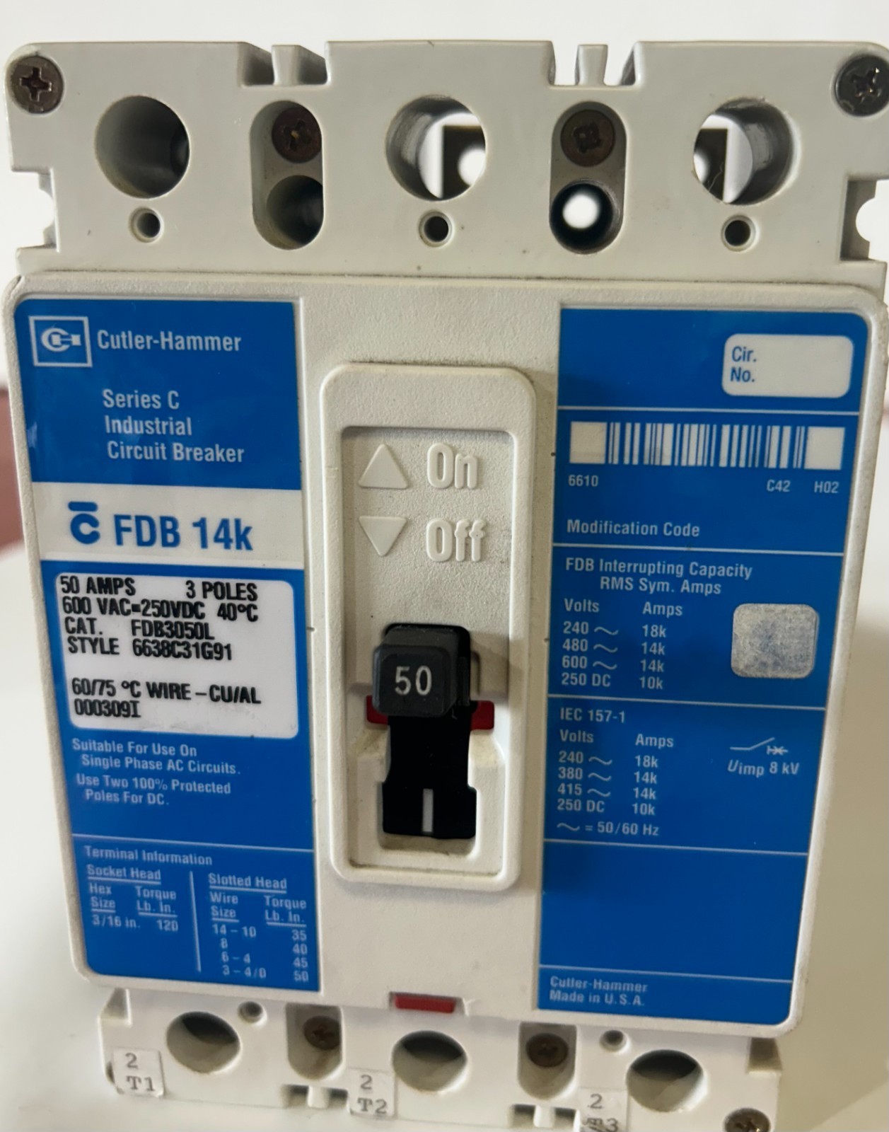 Cutler Hammer FCB3050L 50A,600VAC, circuit breaker 3 pole (Q-1)
