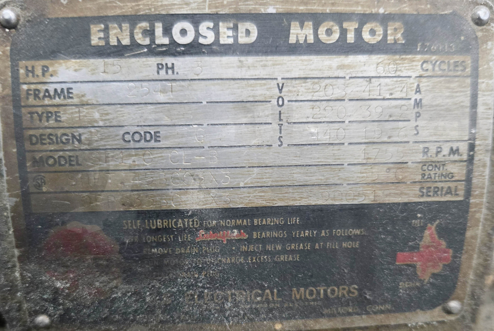 US ELECTRICAL MOTORS SF1.0 CL-B ENCLOSED MOTOR 15HP 3PH 1755RPM FR: 254T