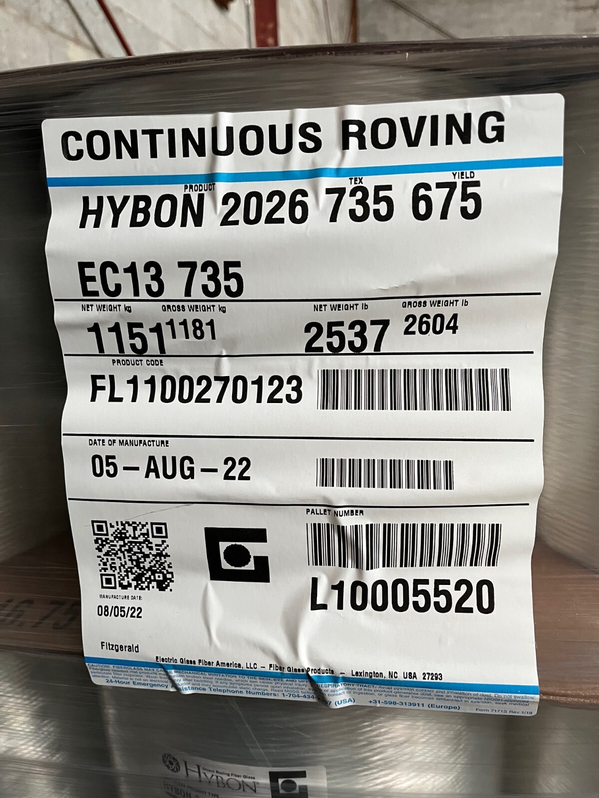PPG 2026 675 Yield Direct Winding Fiberglass Roving Full 2537 Lb Pallet