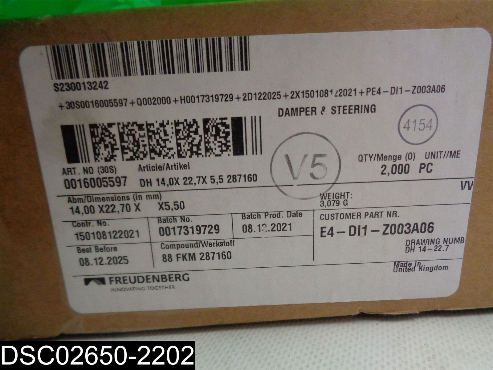 QTY=2000 Pieces E4-DL1-Z003A06 Freudenberg Black Rings DH 14,0X22,7X5,5 287160